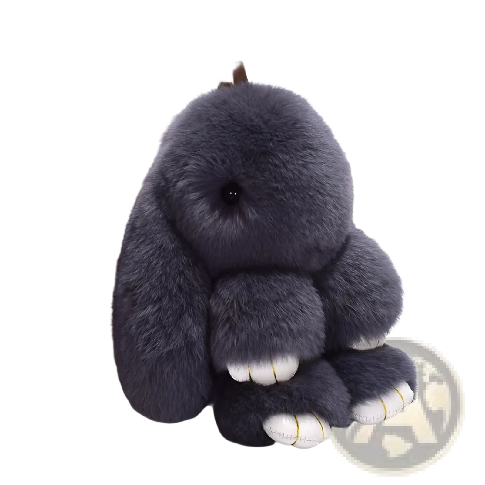 Gray faux fur rabbit plush keychain with white paw pads and gold stitching soft fuzzy animal pendant 15cm
