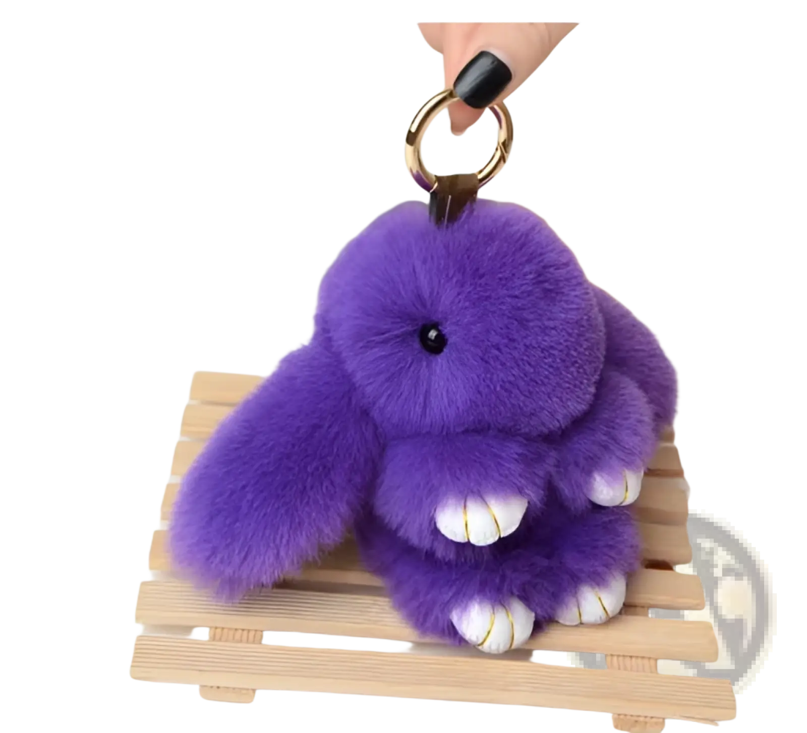 Purple fluffy rabbit plush keychain with white-tipped paws and black bead eyes attached to gold metal ring 15cm