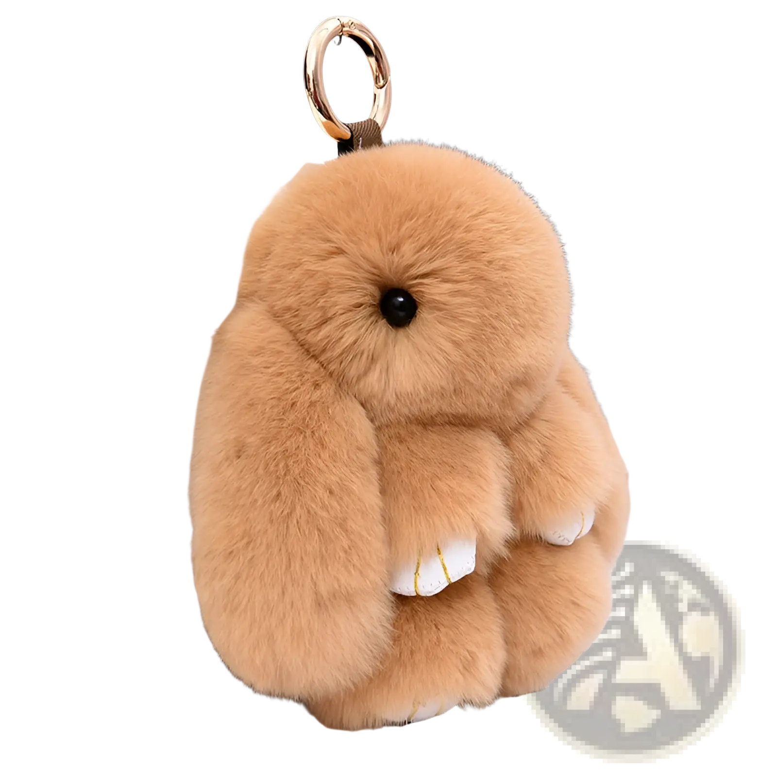 Soft tan faux fur bunny keychain with white paws and gold-tone metal ring 15cm plush animal pendant