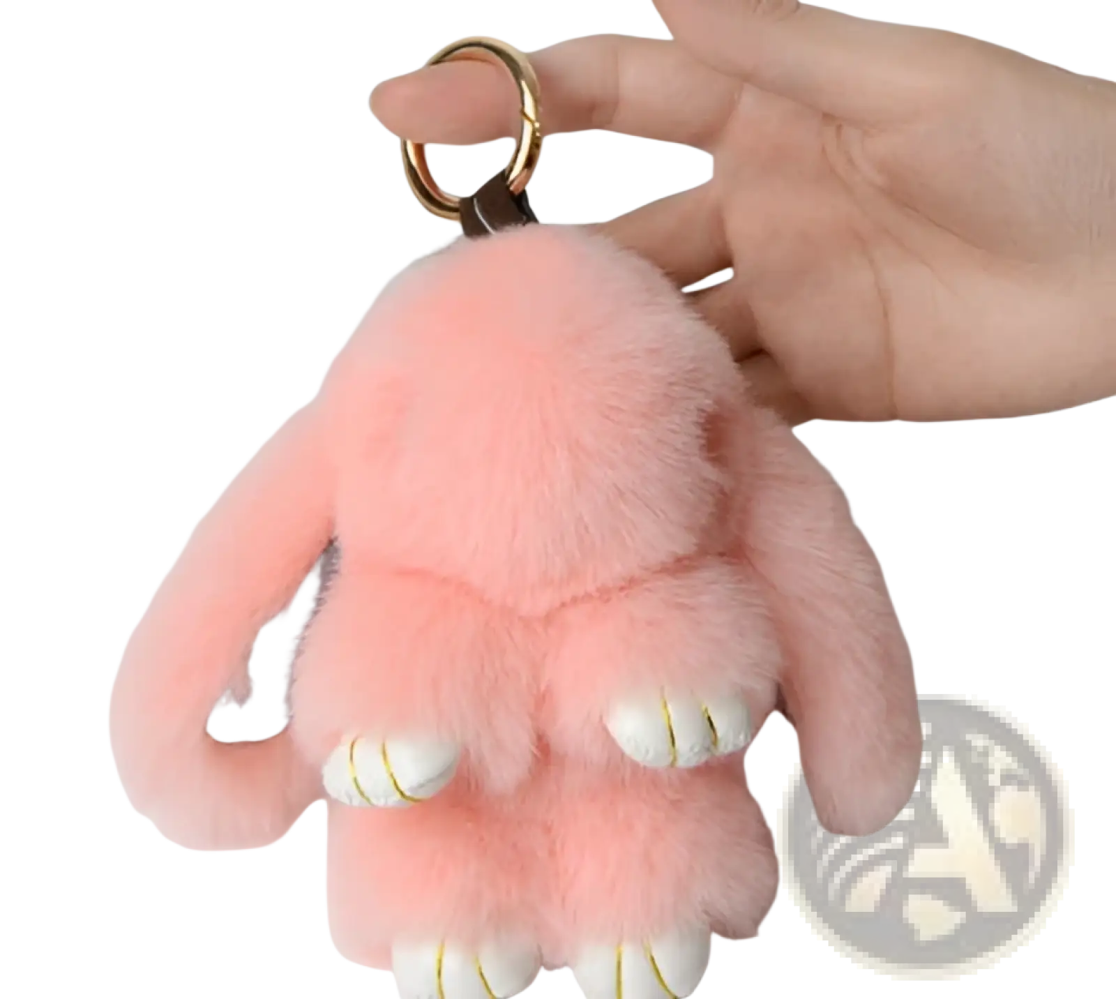 Pink faux fur bunny plush keychain with white paw pads and gold-trimmed details soft fuzzy animal pendant 15cm