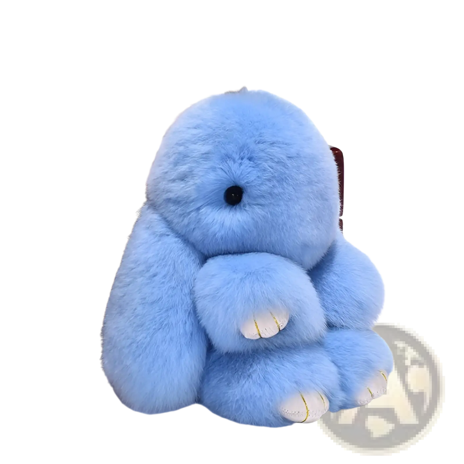 A soft light blue faux fur rabbit plush keychain with black button eyes and white paw pads accented by gold stitching
