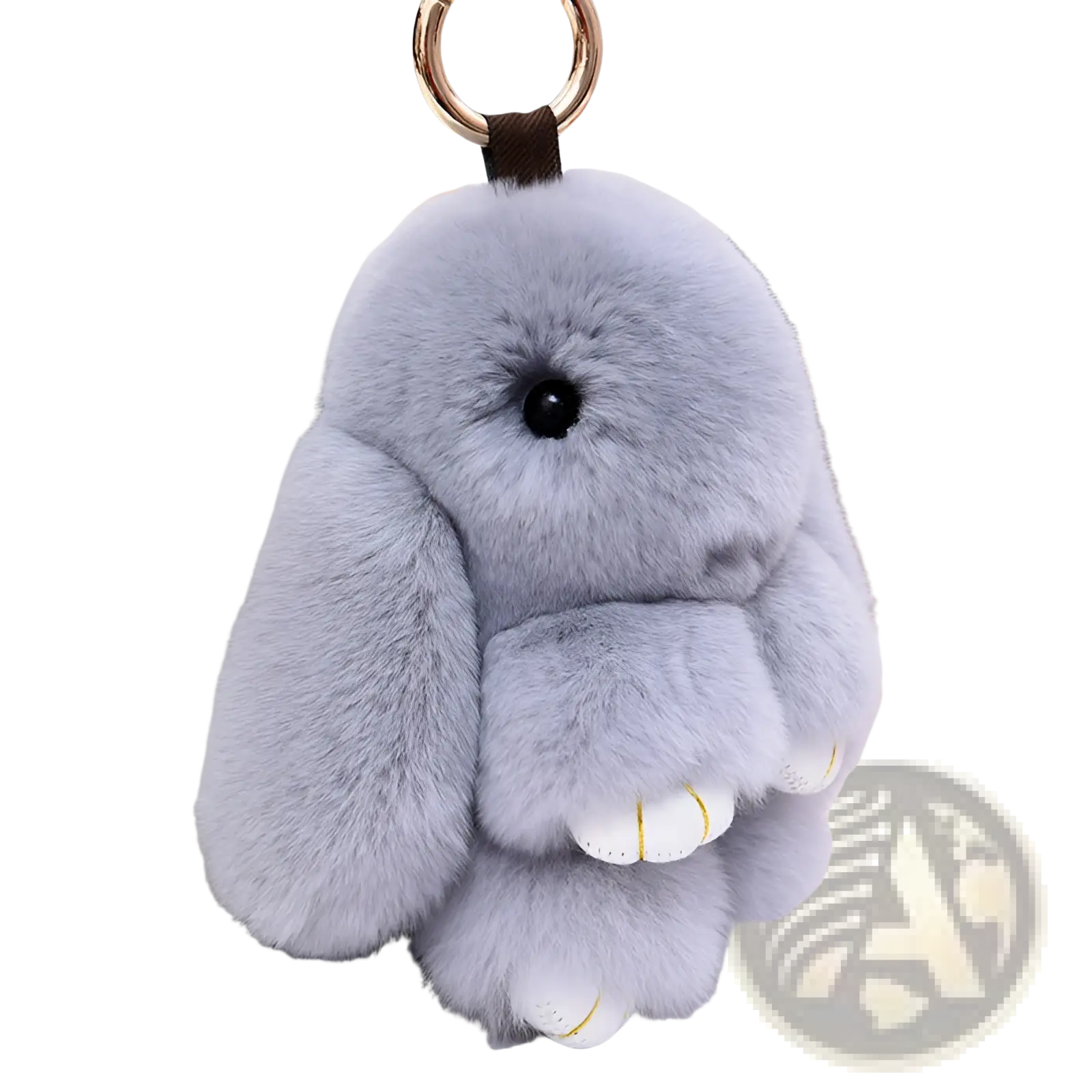 A soft gray plush rabbit keychain with black bead eyes white paws and gold trim measuring 15cm