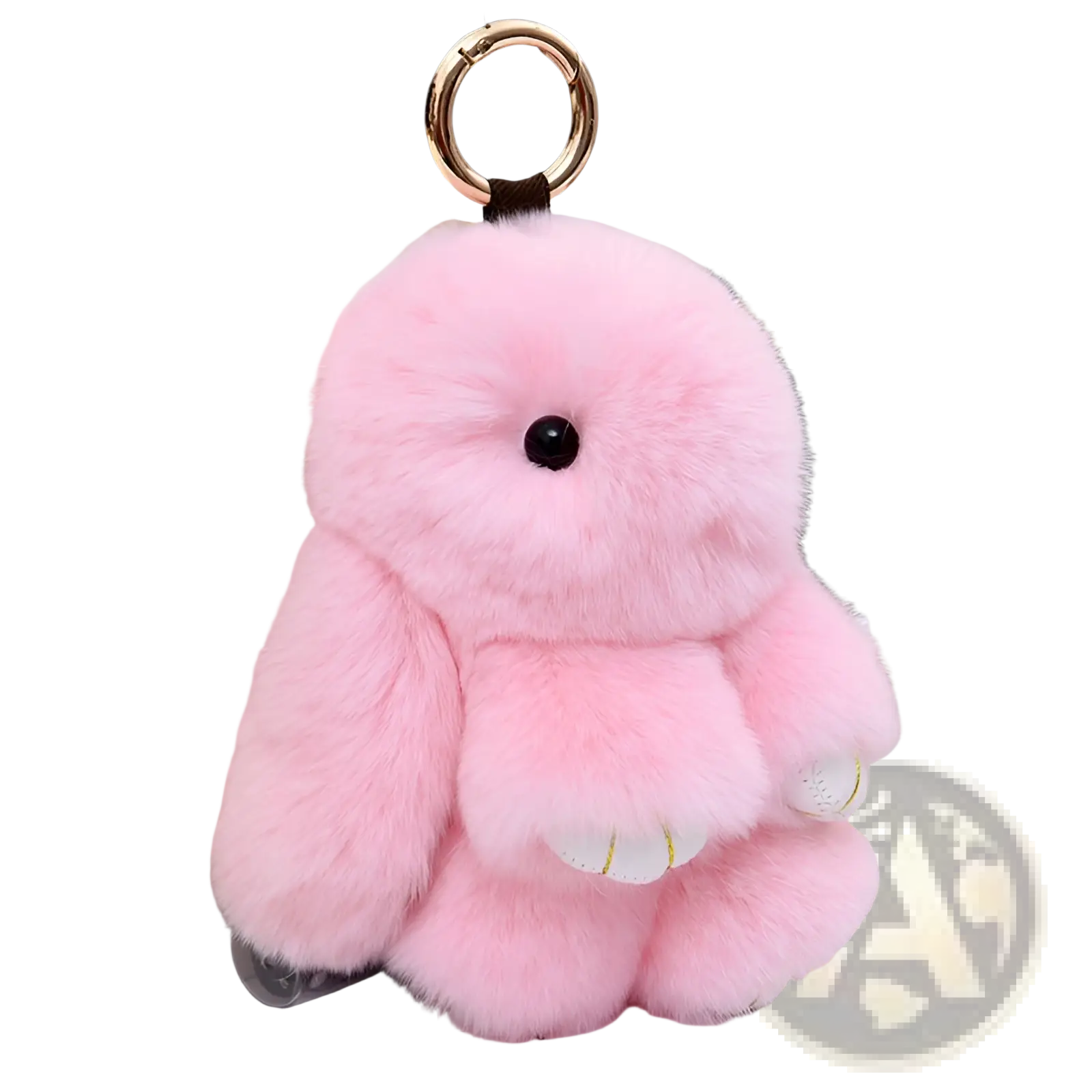 Pink fluffy rabbit plush keychain with black bead eyes white paw details soft fuzzy animal pendant 15cm
