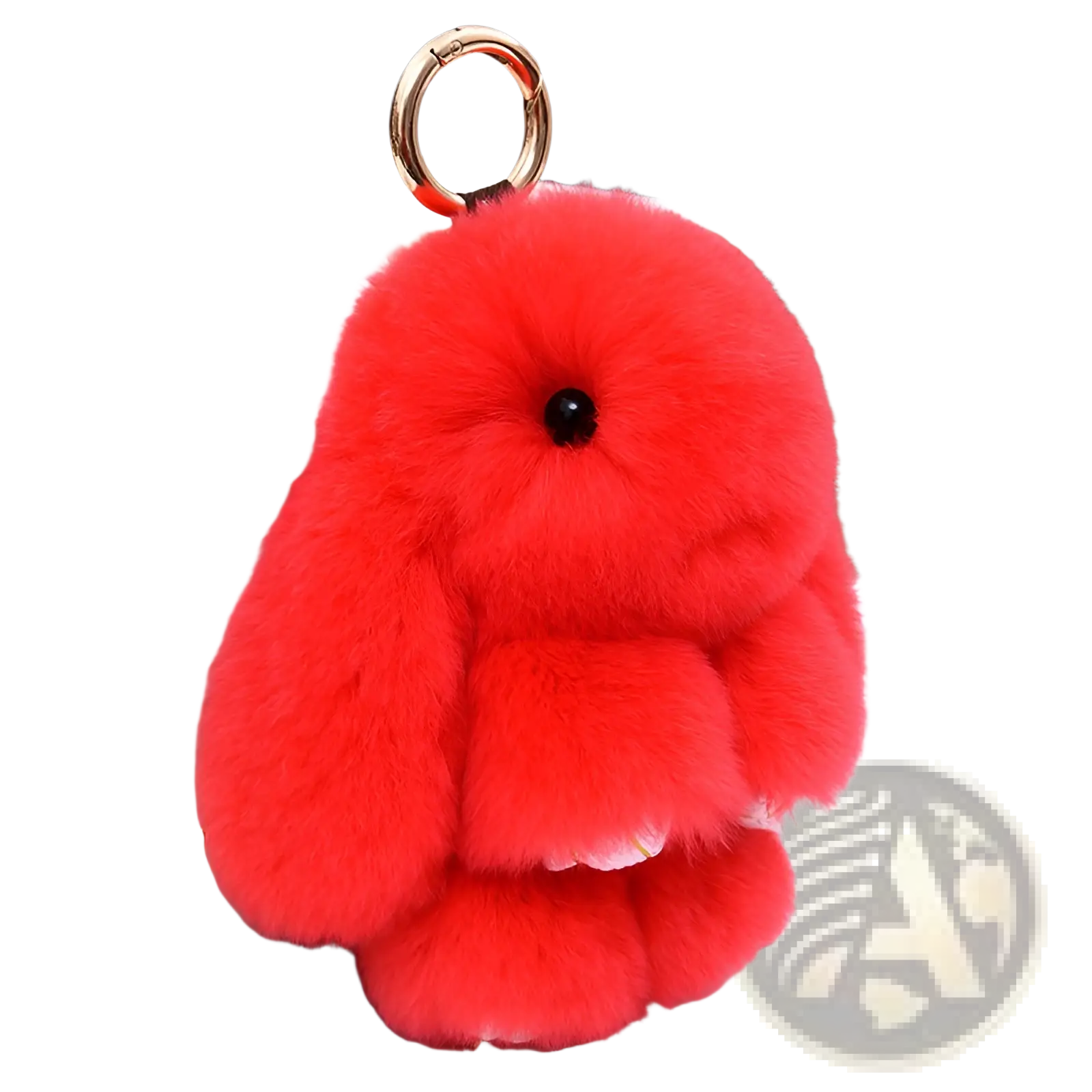 Bright red fluffy rabbit plush keychain 15cm with soft fuzzy material and gold-colored metal ring pendant