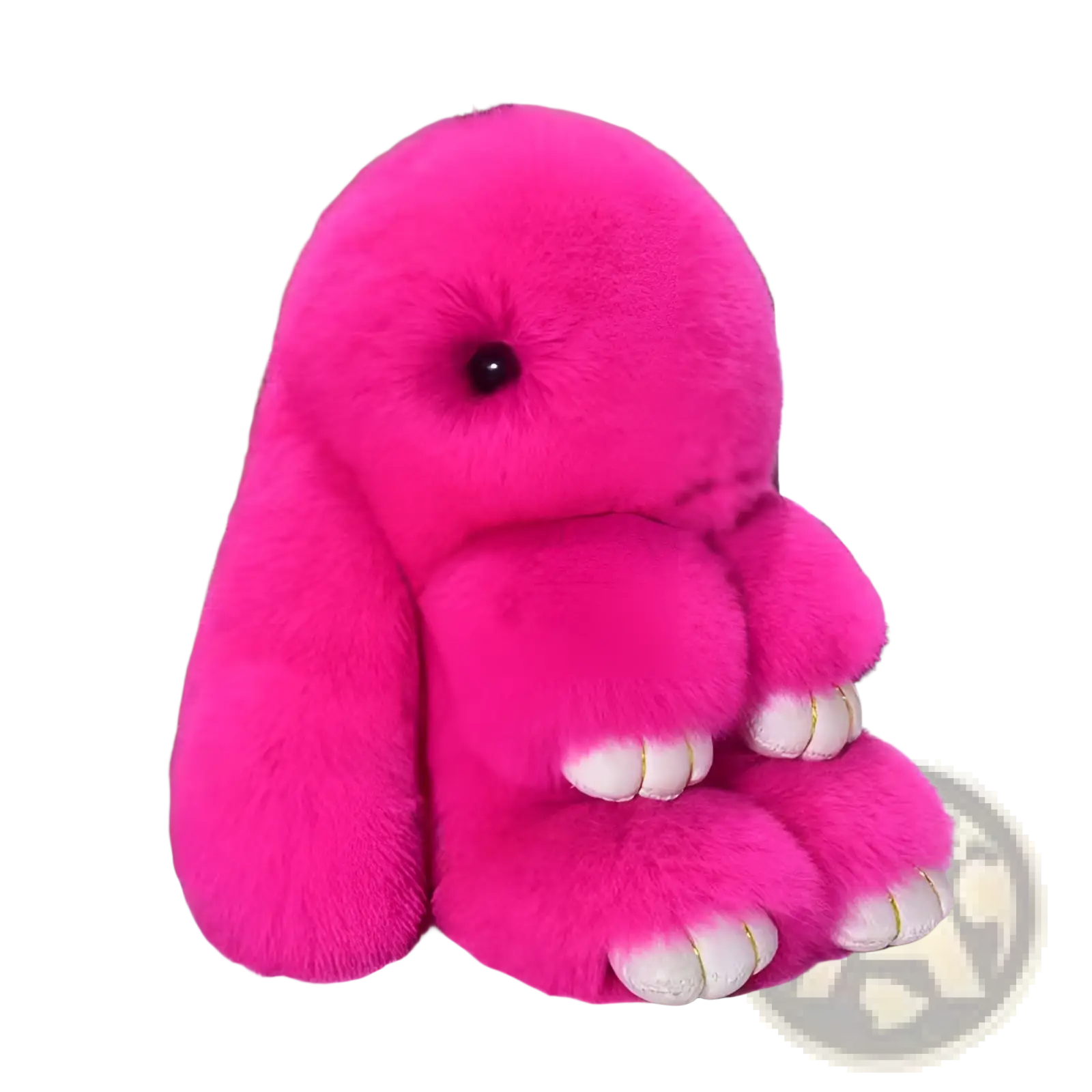A vibrant pink plush rabbit keychain with soft fur white paw pads and gold trim 15cm animal pendant