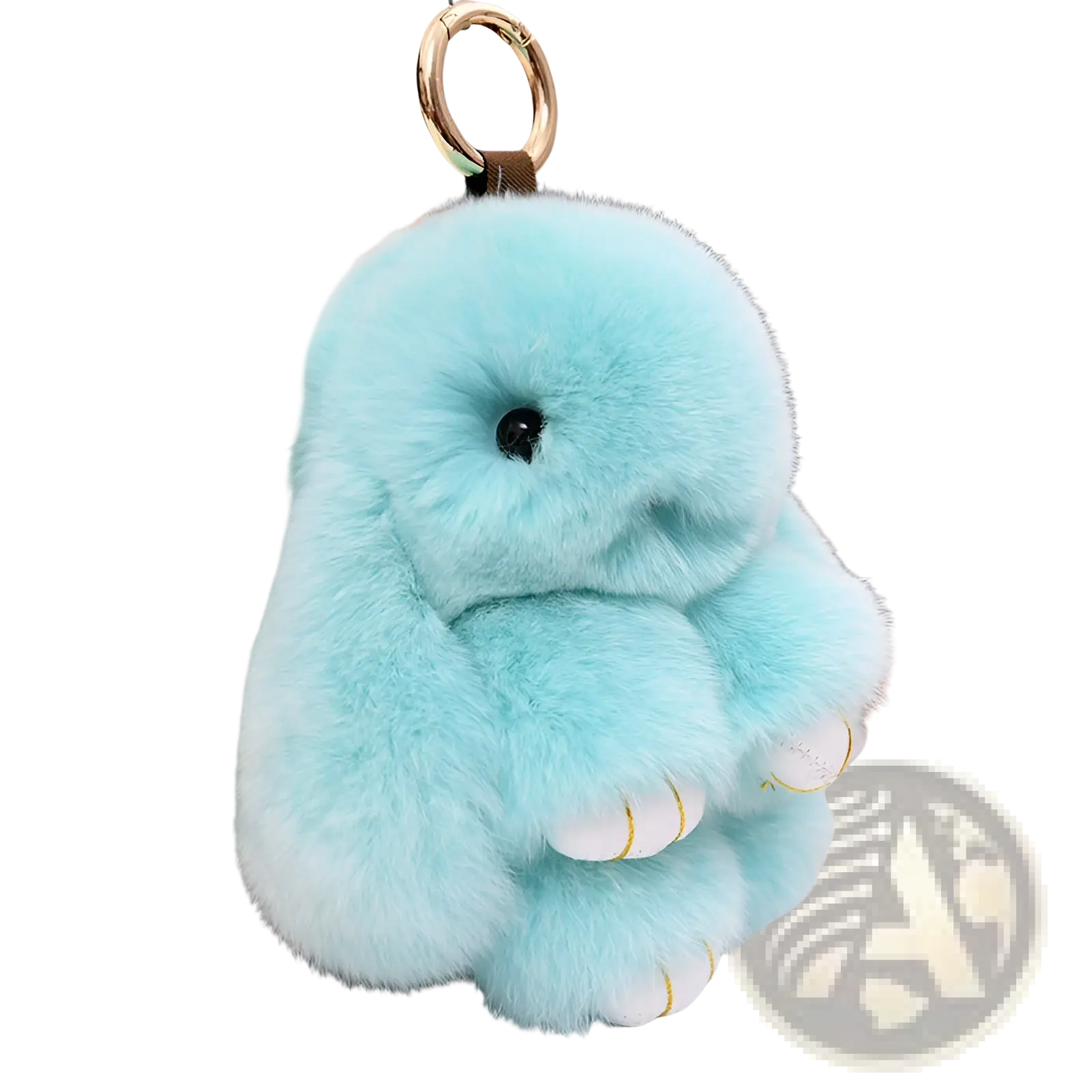 A soft light blue fluffy rabbit plush keychain with black eyes white paws and gold trim 15cm pendant