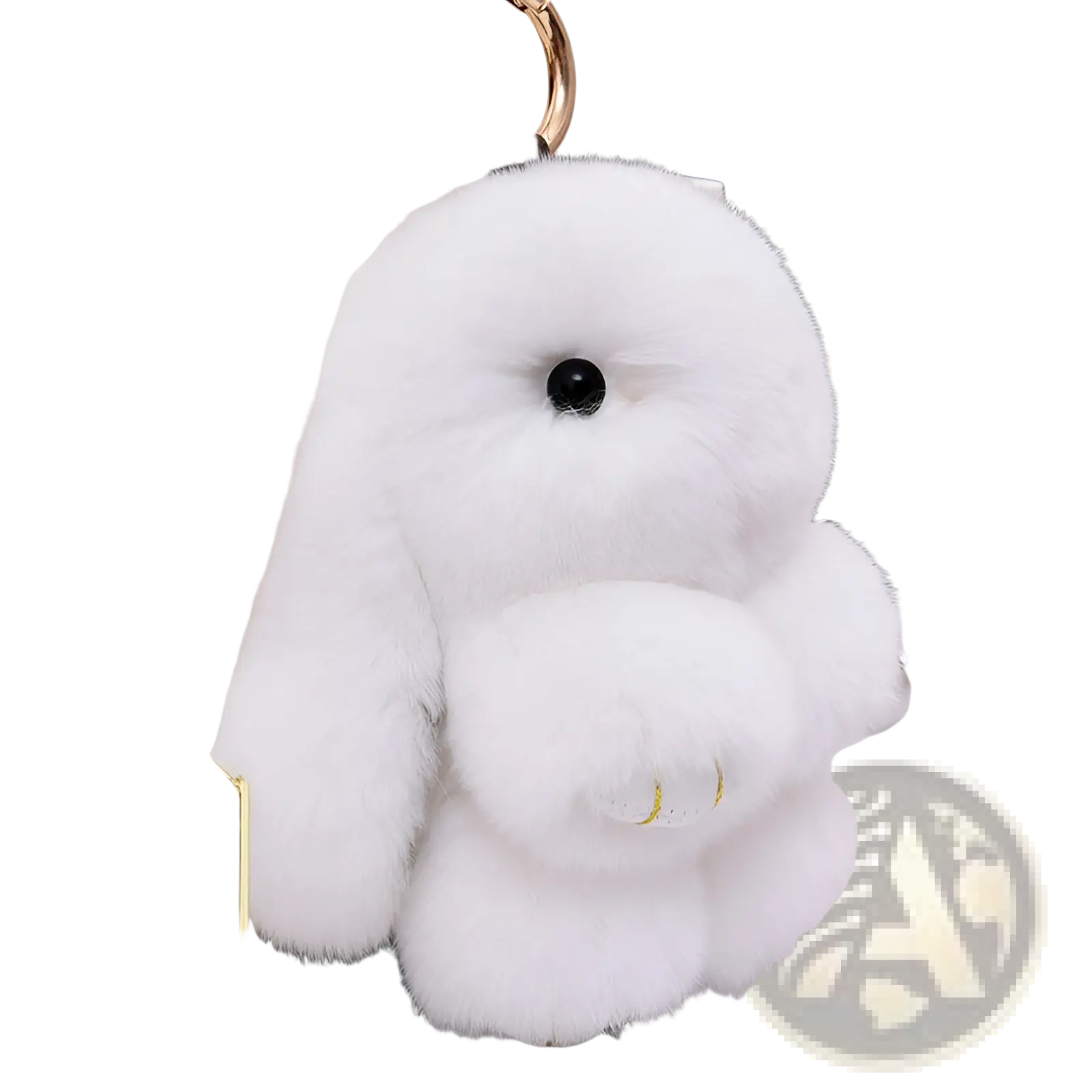 White fluffy rabbit plush keychain with black bead eyes and gold-tone metal ring soft fuzzy animal pendant 15cm