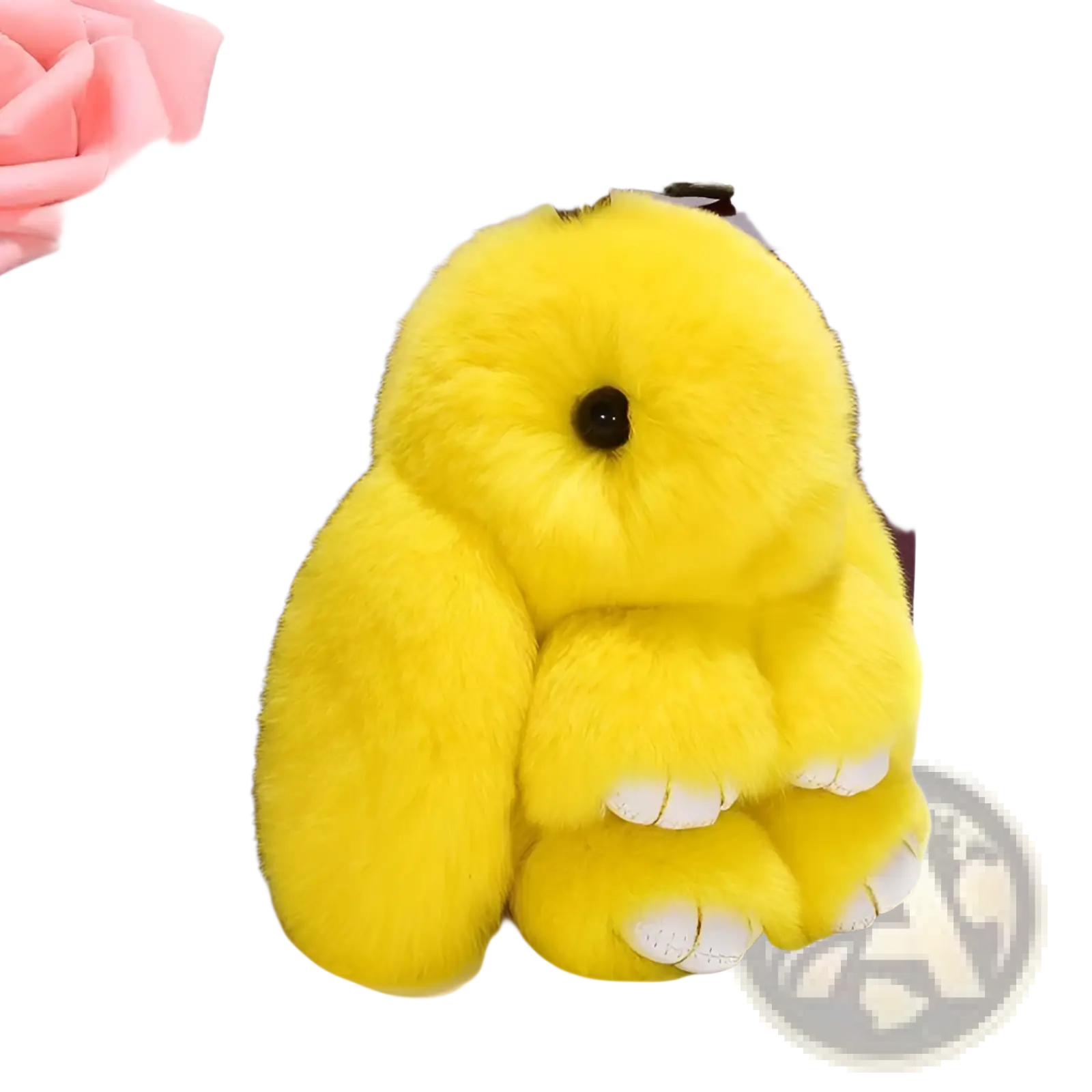 Bright yellow fluffy rabbit plush keychain with white paw tips and black button nose soft fuzzy animal pendant 15cm