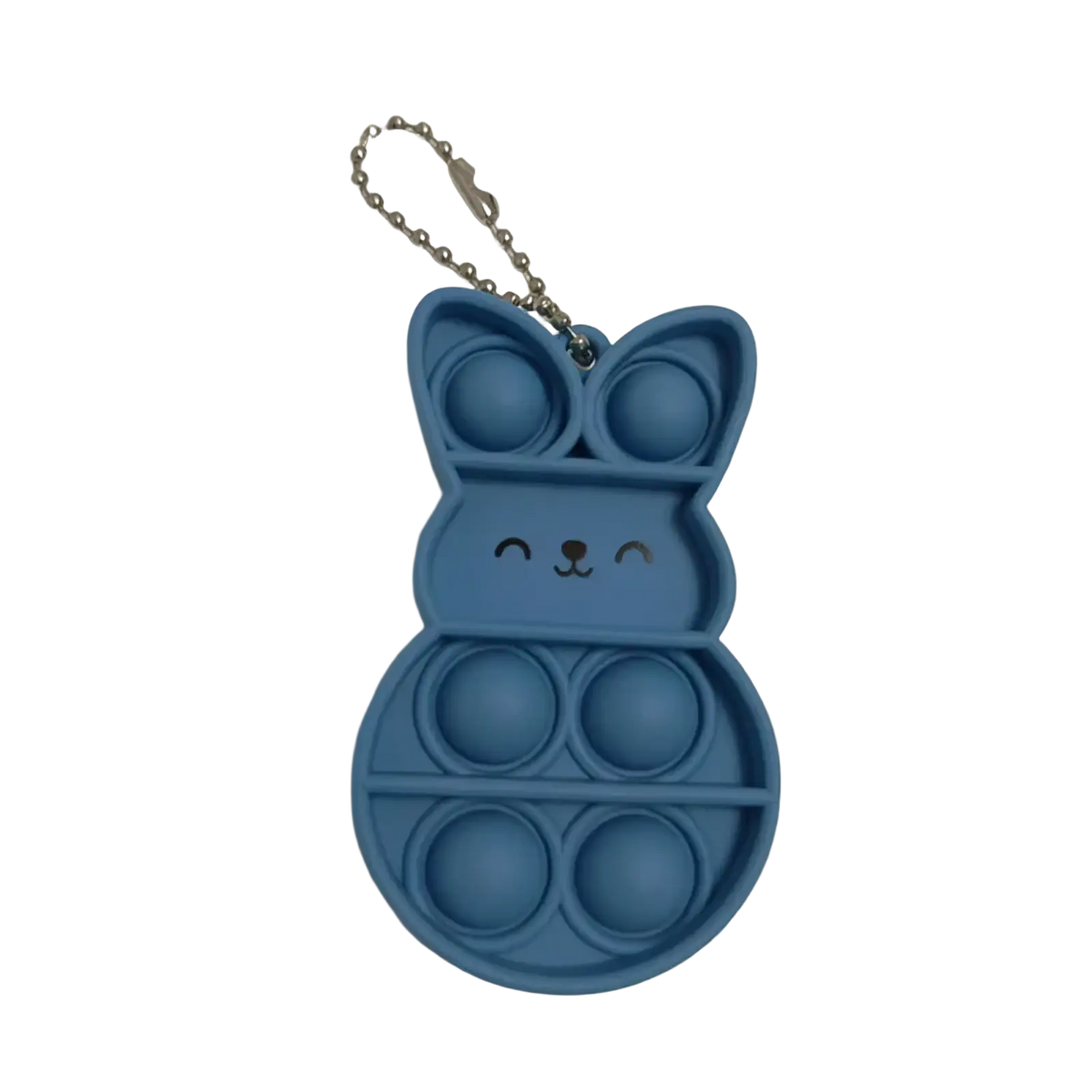 Blue silicone rabbit pop it fidget keychain with silver chain designed for sensory stress relief and portability