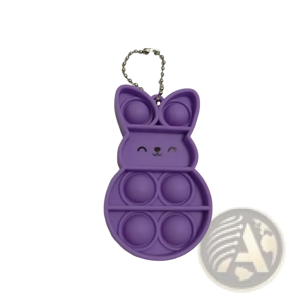 Purple rabbit pop it fidget keychain made of silicone with a silver chain for portable sensory play