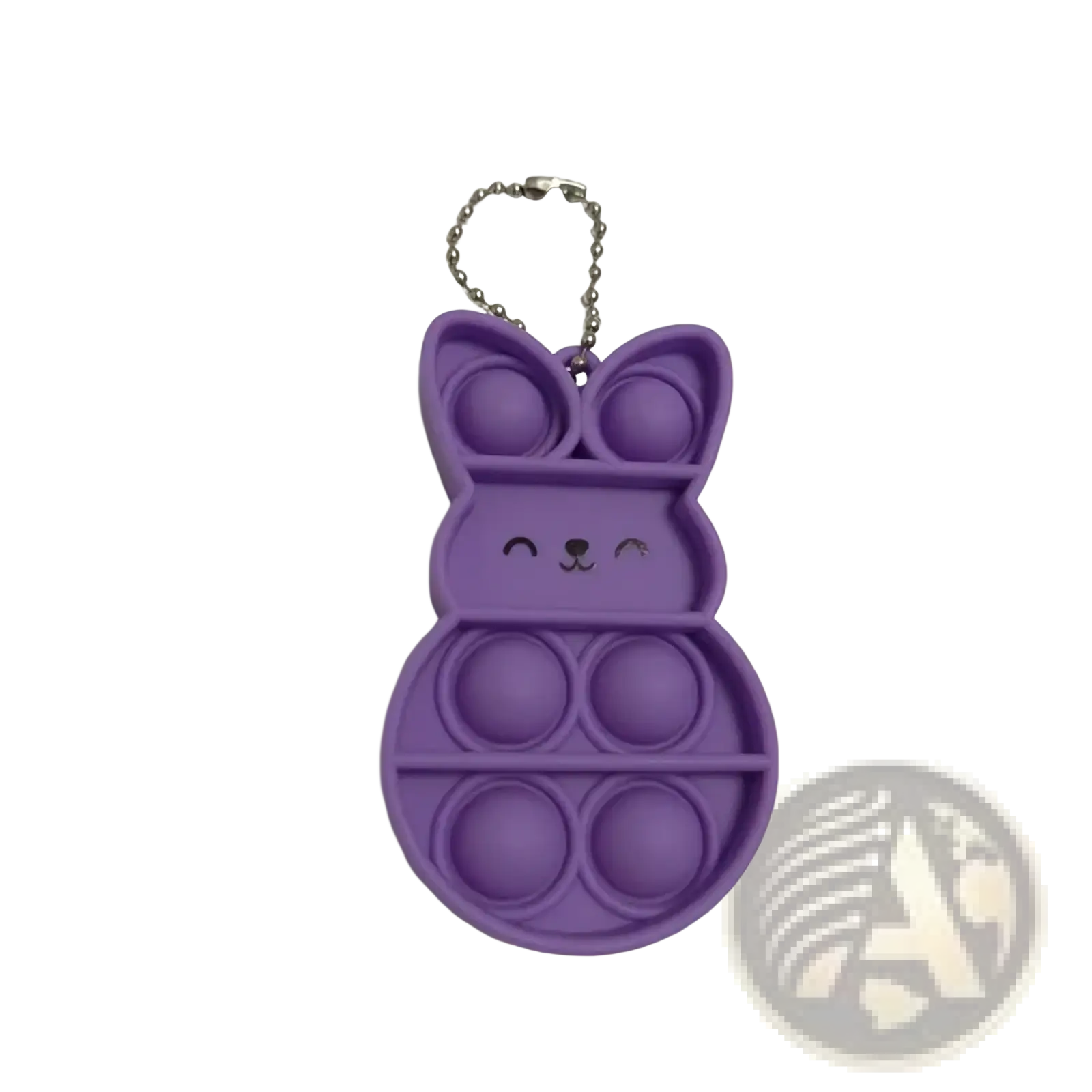 Purple rabbit pop it fidget keychain made of silicone with a silver chain for portable sensory play