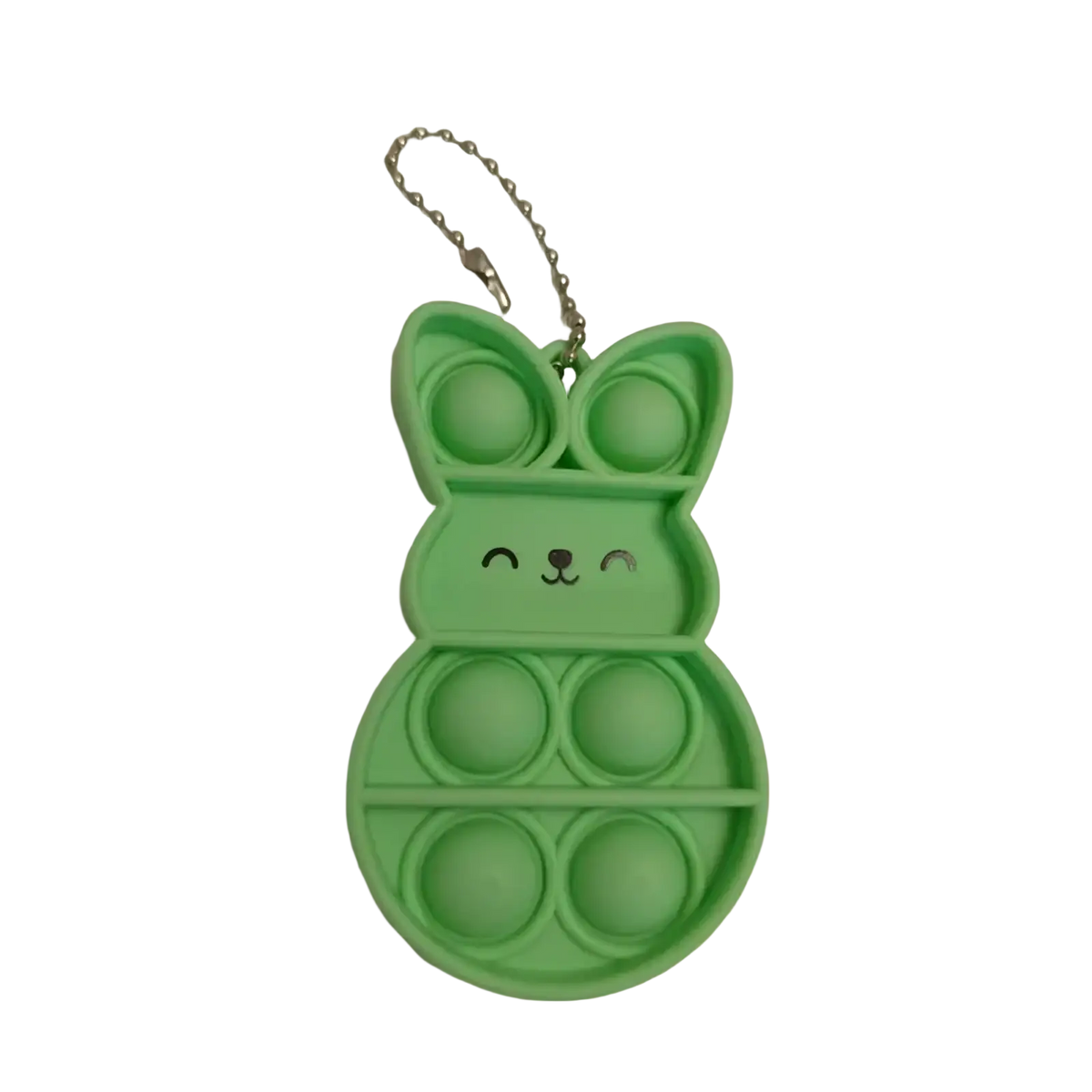 A lime green rabbit pop it fidget keychain made of silicone with a silver chain for portable sensory play