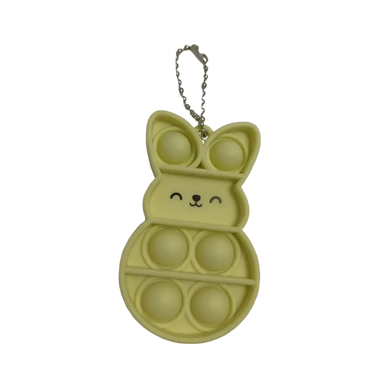 A pale yellow rabbit pop it fidget keychain toy with a silver chain for sensory stress relief and play