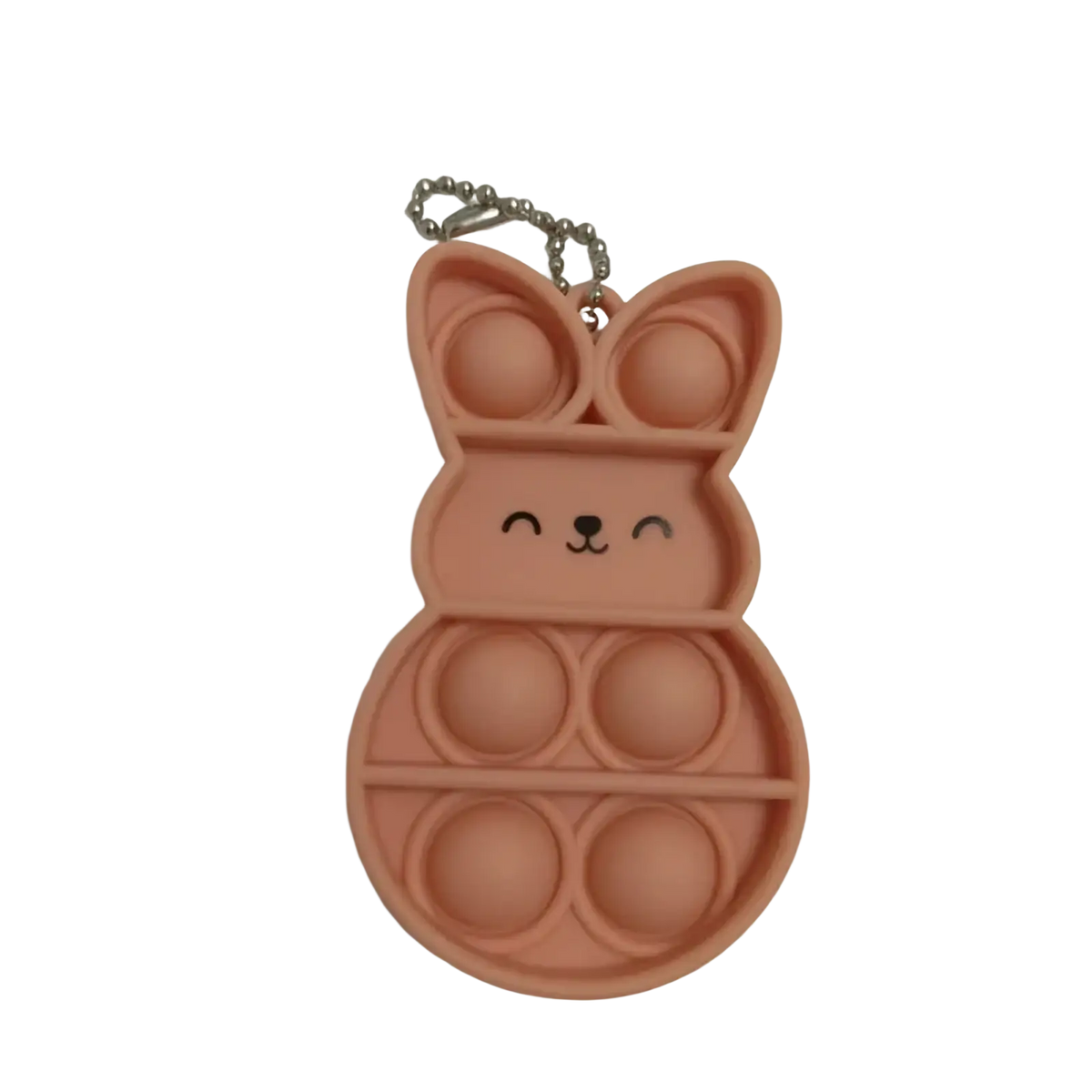 Pink rabbit pop it fidget keychain made of silicone with bunny shape and attached silver chain for portable use
