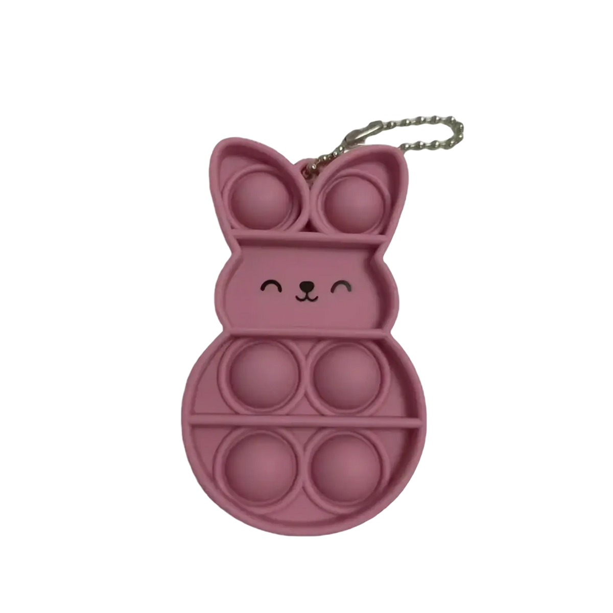 Pink rabbit pop it fidget keychain with silicone bunny shape and silver chain for portable sensory play