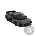 A sleek dark gray lego sports car model with black rear spoiler and detailed front grille for educational building