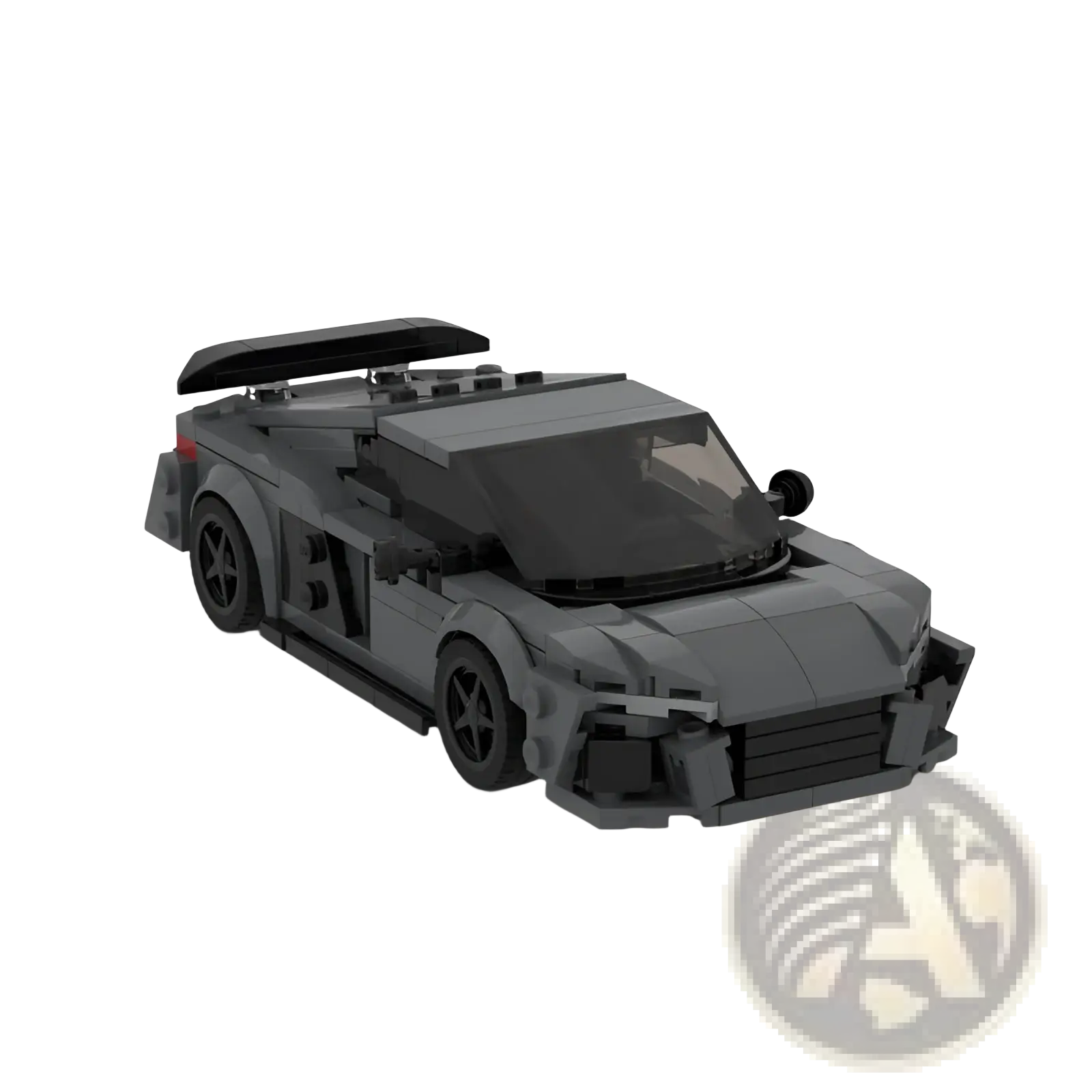 A sleek dark gray lego sports car model with black rear spoiler and detailed front grille for educational building