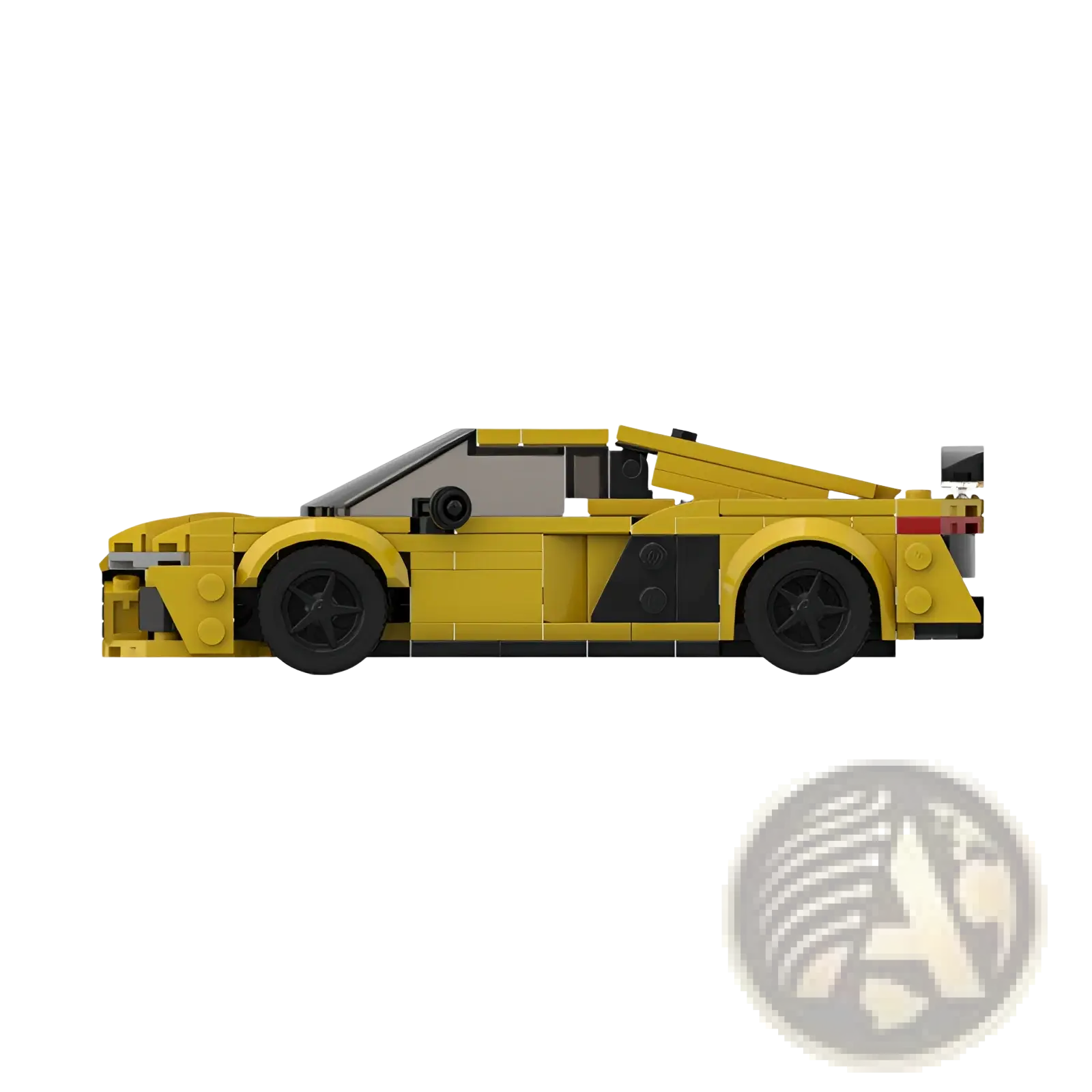Yellow lego sports car model with black wheels and accents for educational racing car building blocks set