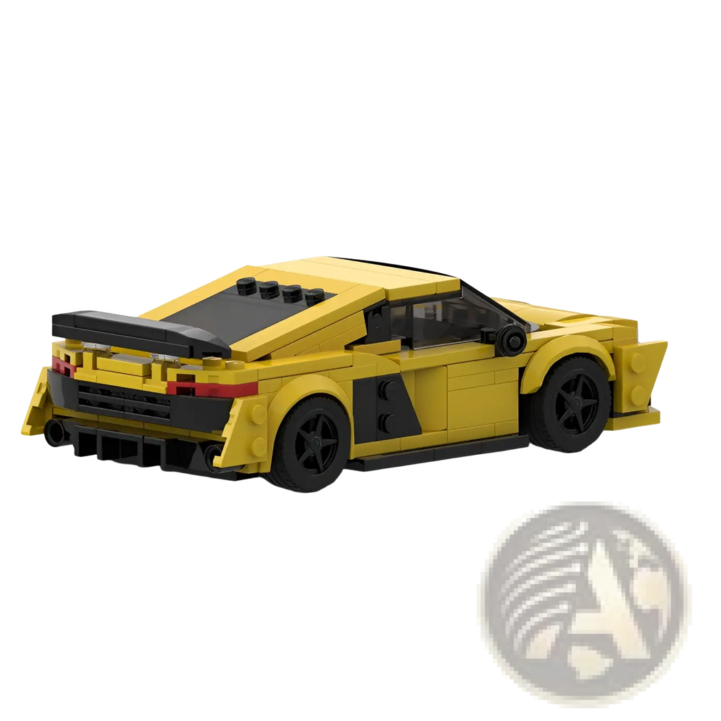 A vibrant yellow lego sports car with black accents and detailed racing features in a building blocks model