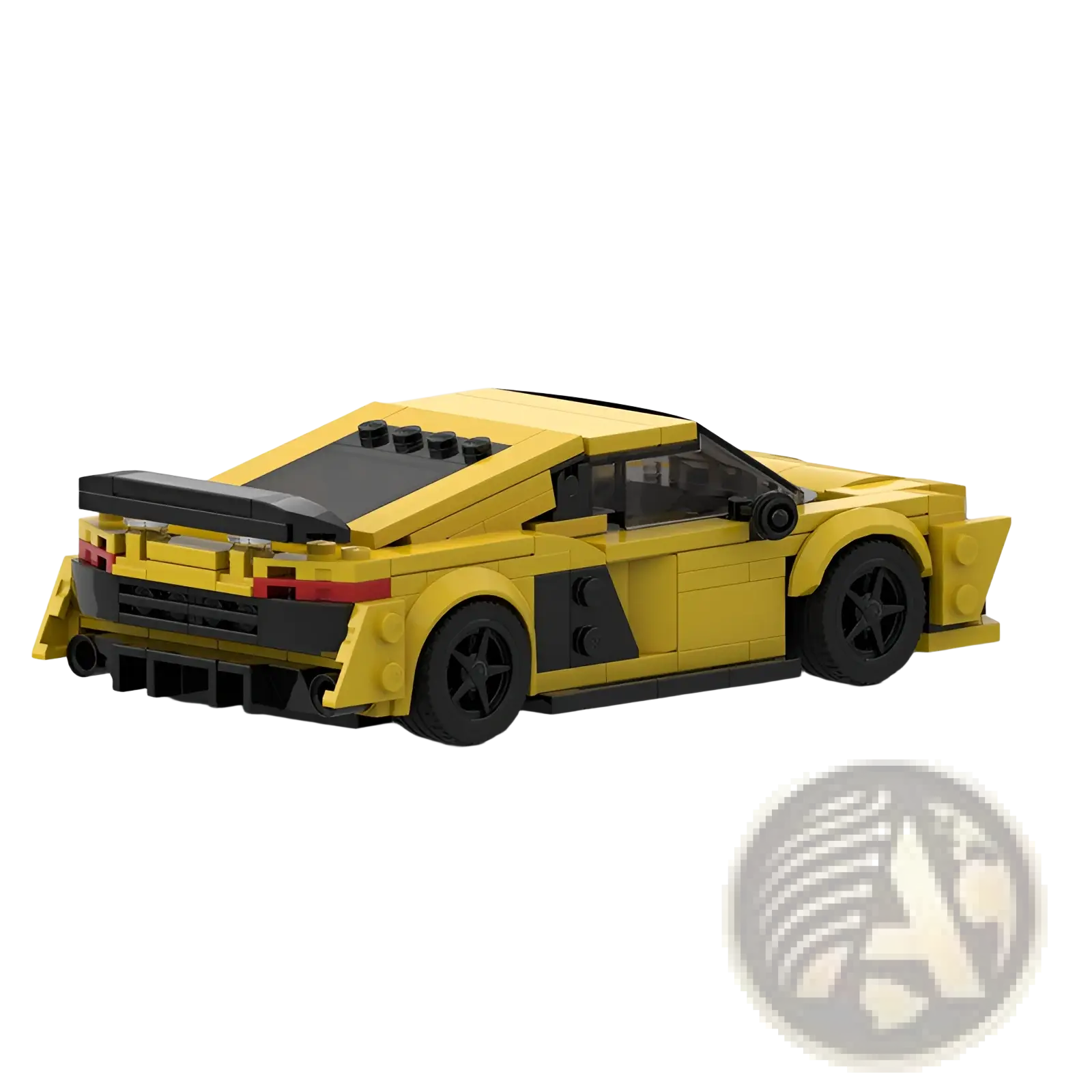 A vibrant yellow lego sports car with black accents and detailed racing features in a building blocks model