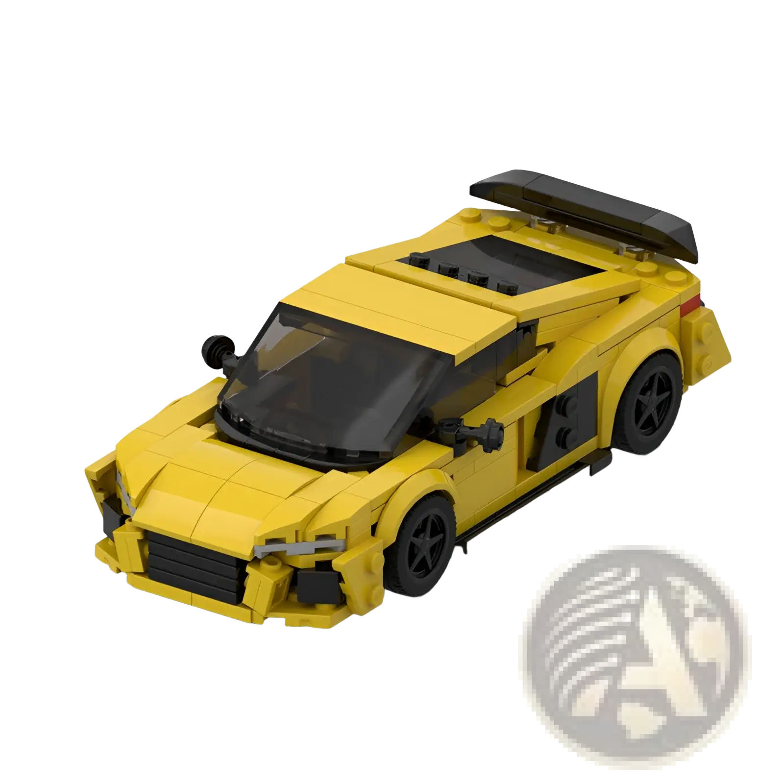 Yellow lego sports car building blocks with black accents and rear spoiler for educational racing model