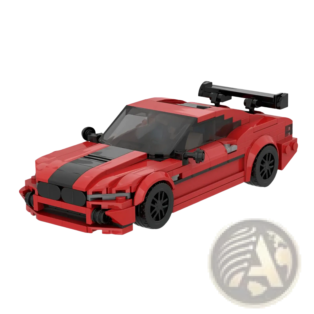 Red lego sports car with black racing stripes and a rear spoiler from racing car building blocks moc educational toy set