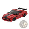 Red lego sports car with black racing stripes and a rear spoiler from racing car building blocks moc educational toy set