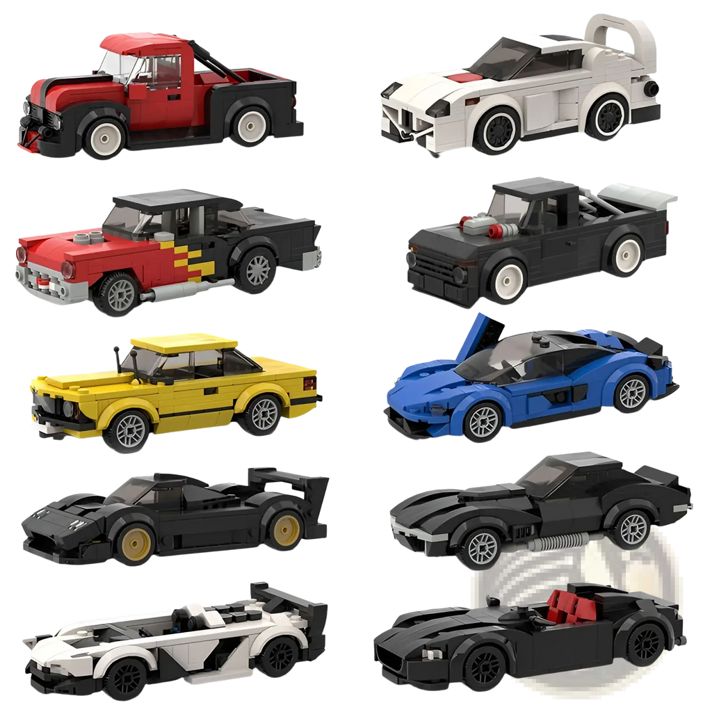 A collection of ten colorful detailed lego model cars including classic trucks and sports coupes in a racing car building blocks moc educational toy set