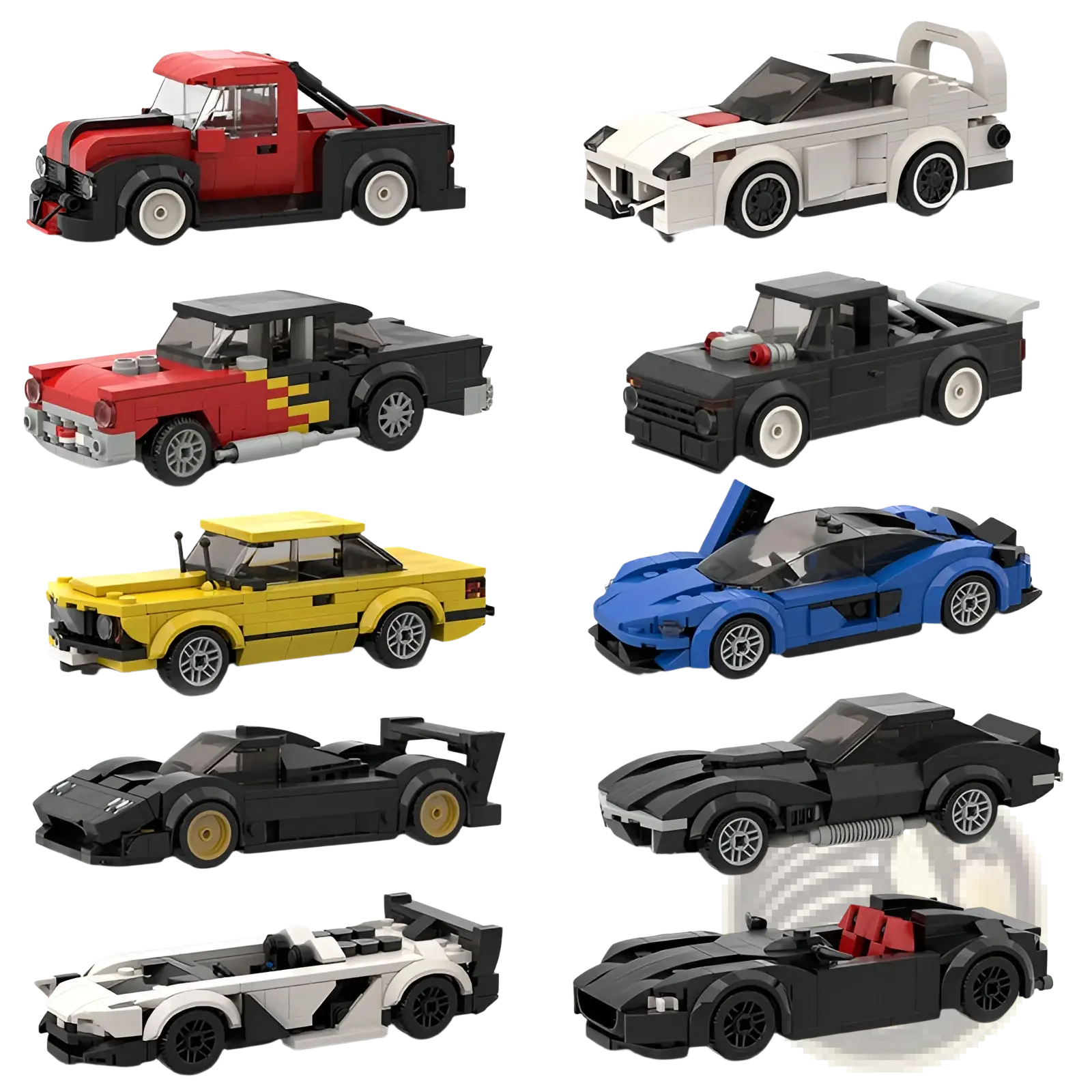 A collection of ten colorful detailed lego model cars including classic trucks and sports coupes in a racing car building blocks moc educational toy set