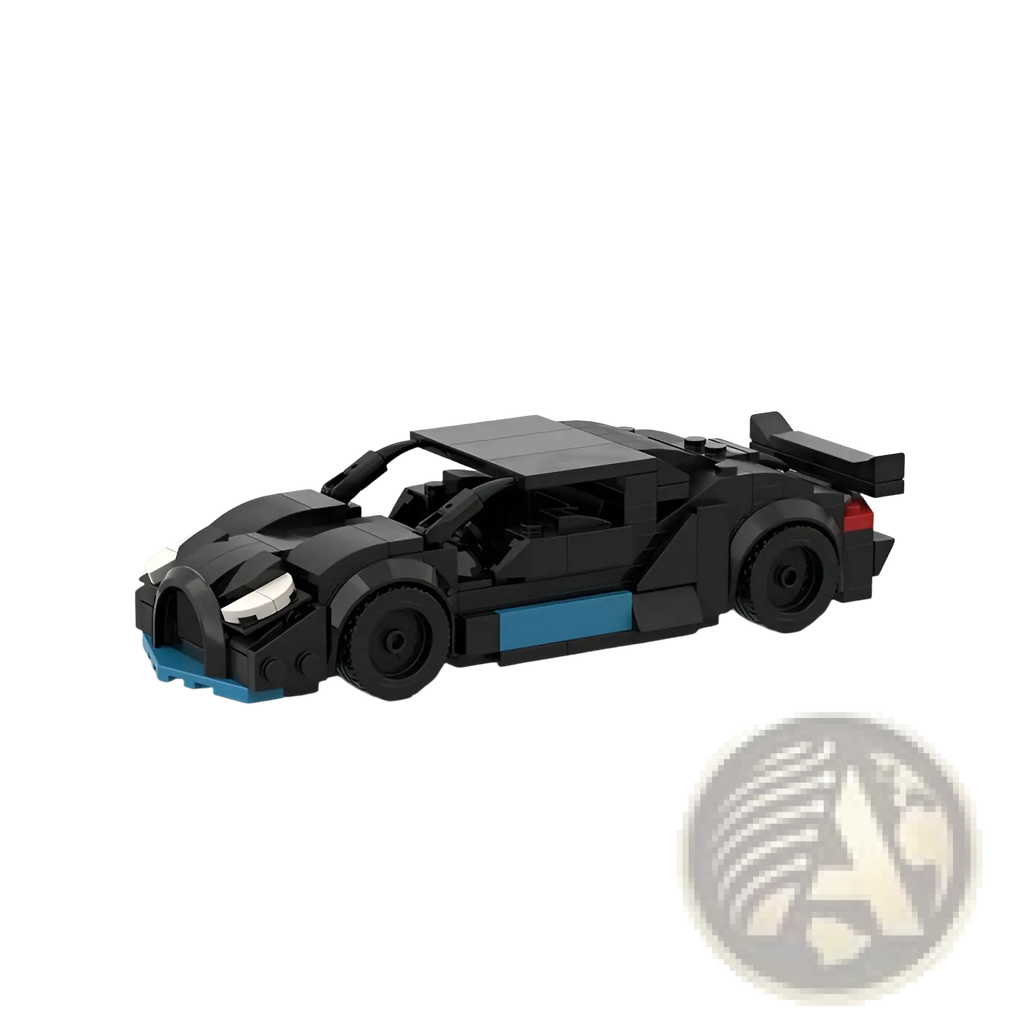 Black and blue lego Bugatti Chiron racing car building blocks moc educational toy set model viewed from the back side