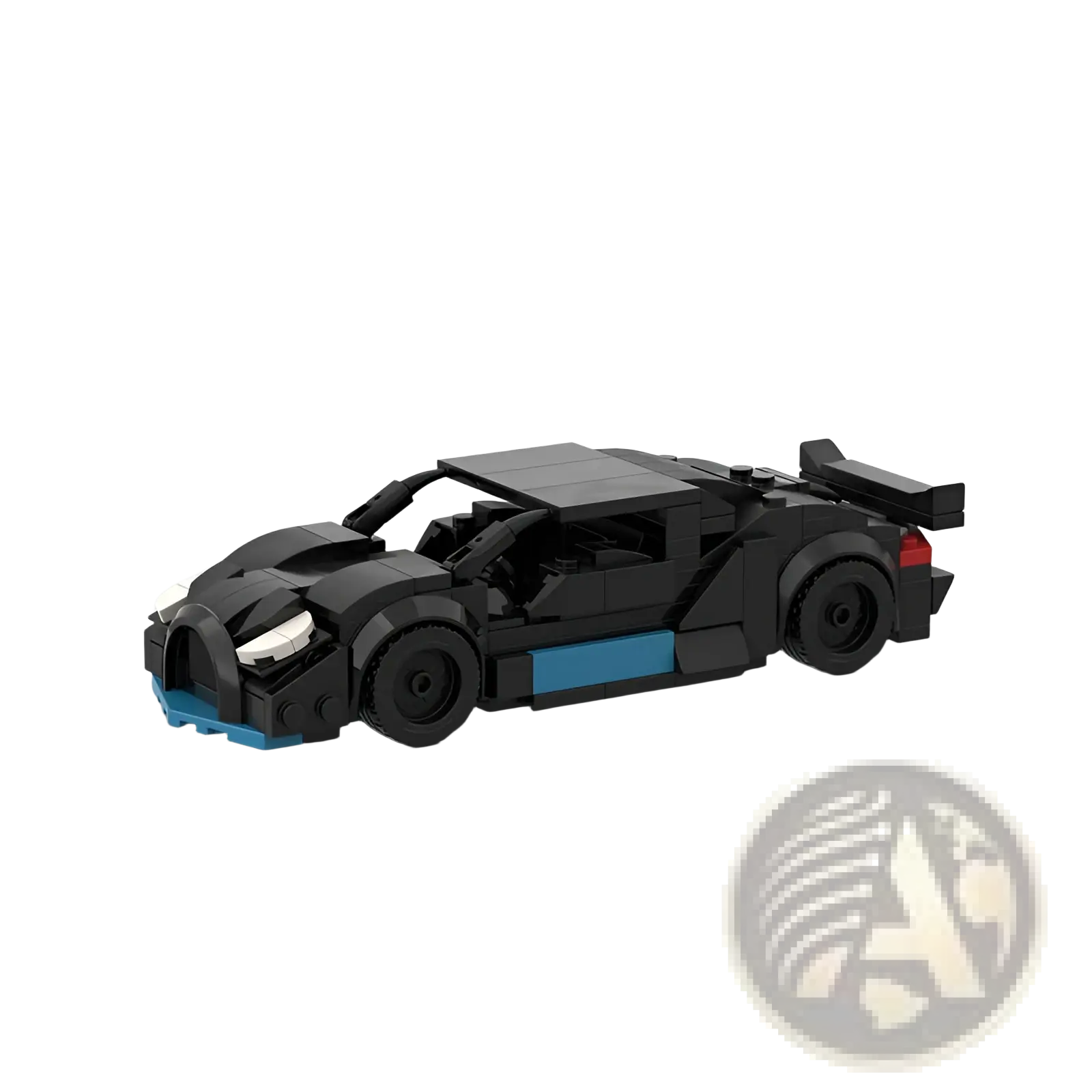 Black and blue lego Bugatti Chiron racing car building blocks moc educational toy set model viewed from the back side