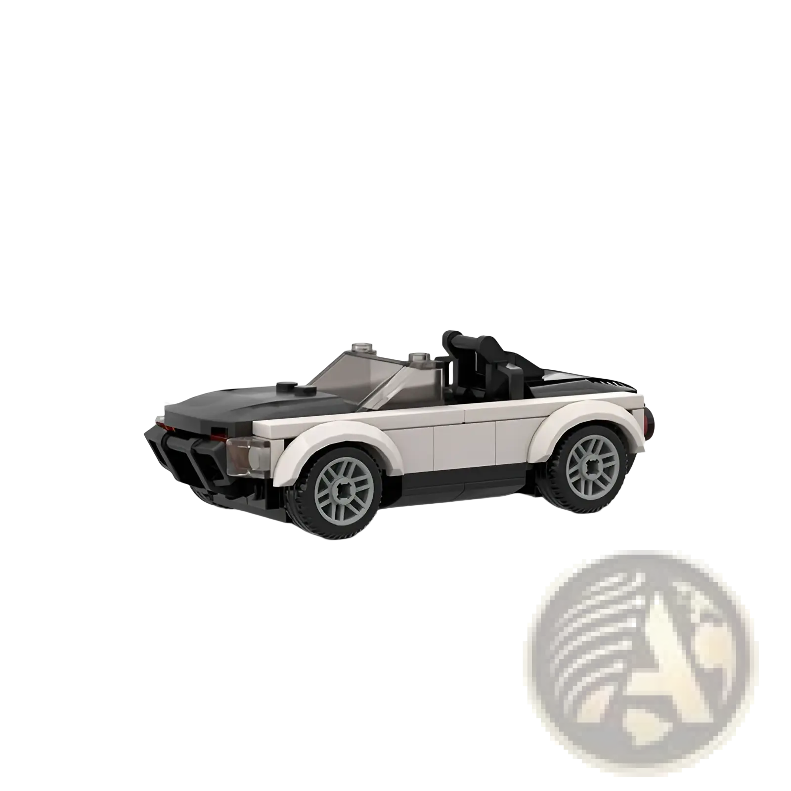 Black and white convertible sports car made of interlocking plastic bricks from racing car building blocks moc toy set