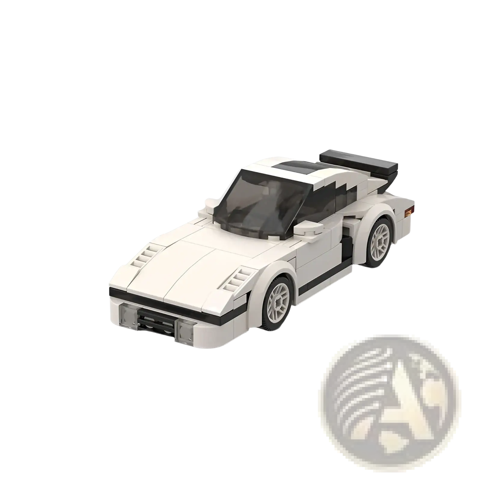 White lego-style sports car model with black accents and rear spoiler from racing car building blocks moc educational toy set