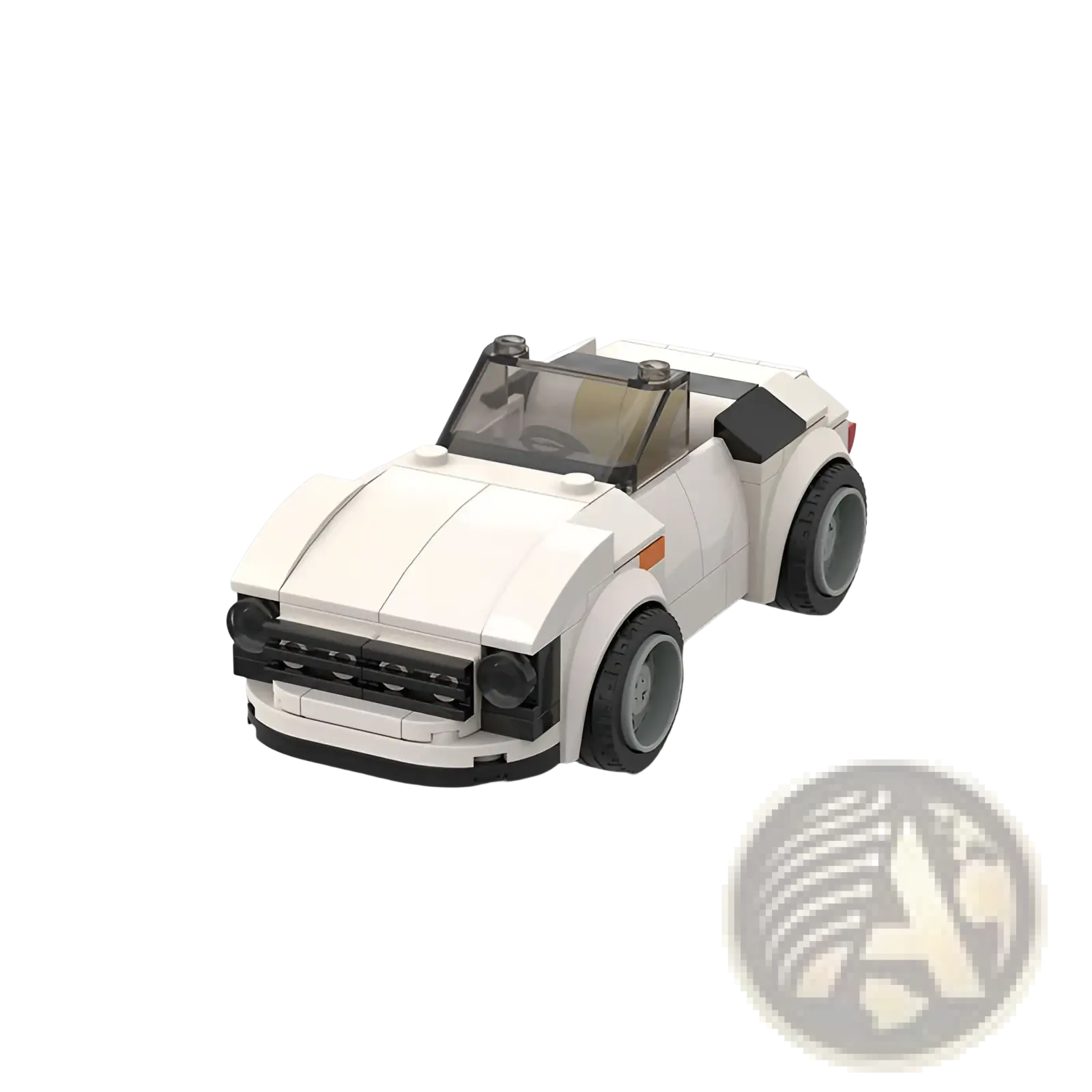 White convertible sports car made of plastic bricks with black accents and gray wheels from racing car building blocks set