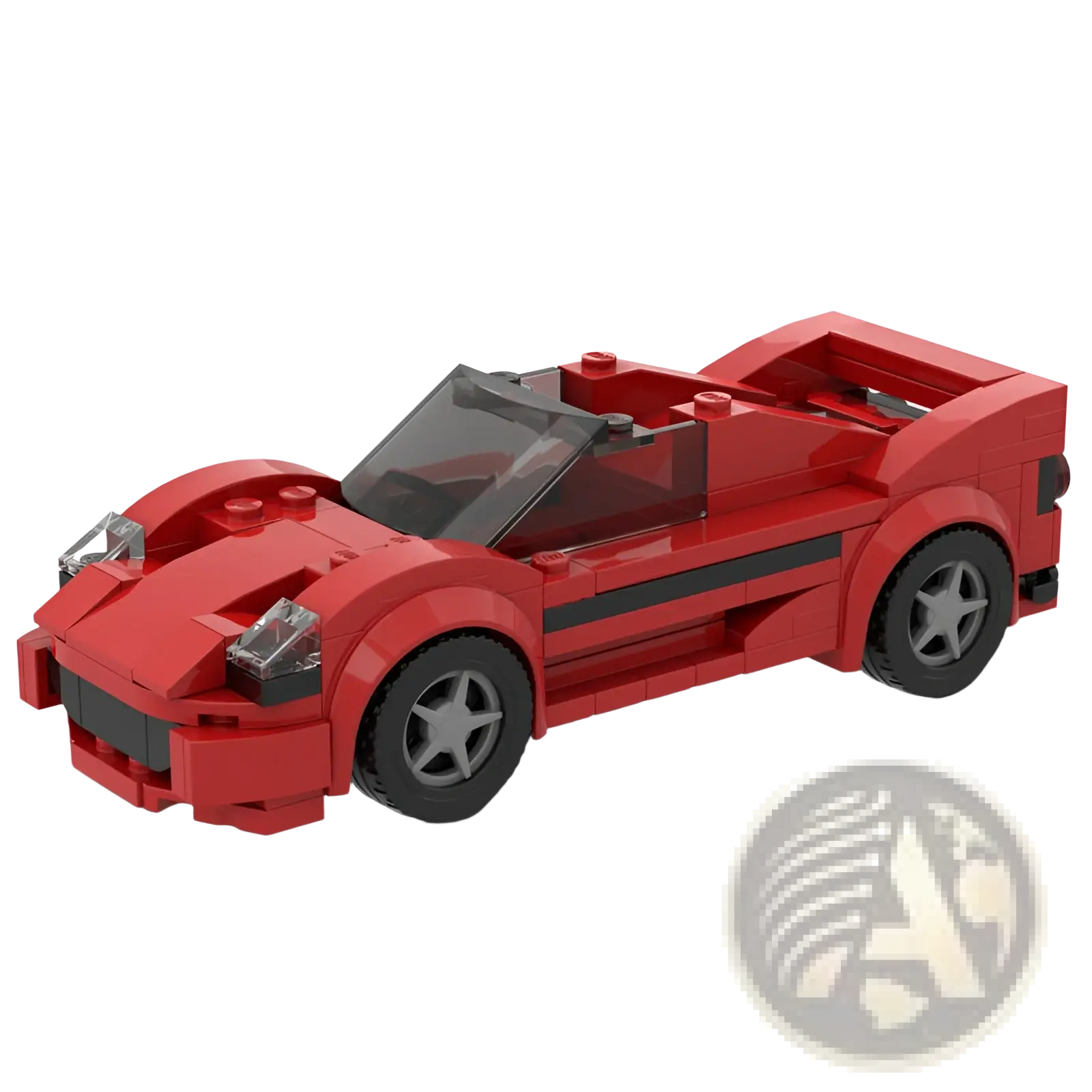 Red convertible sports car made of interlocking plastic bricks with black accents and clear windows for educational use