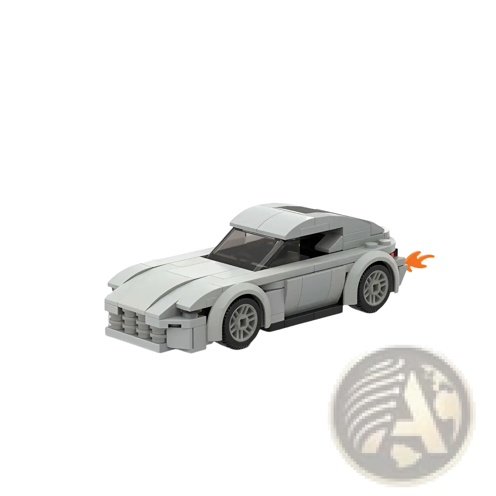 Gray lego-style racing car building blocks toy with black-tinted windows and orange flame detail on the rear side