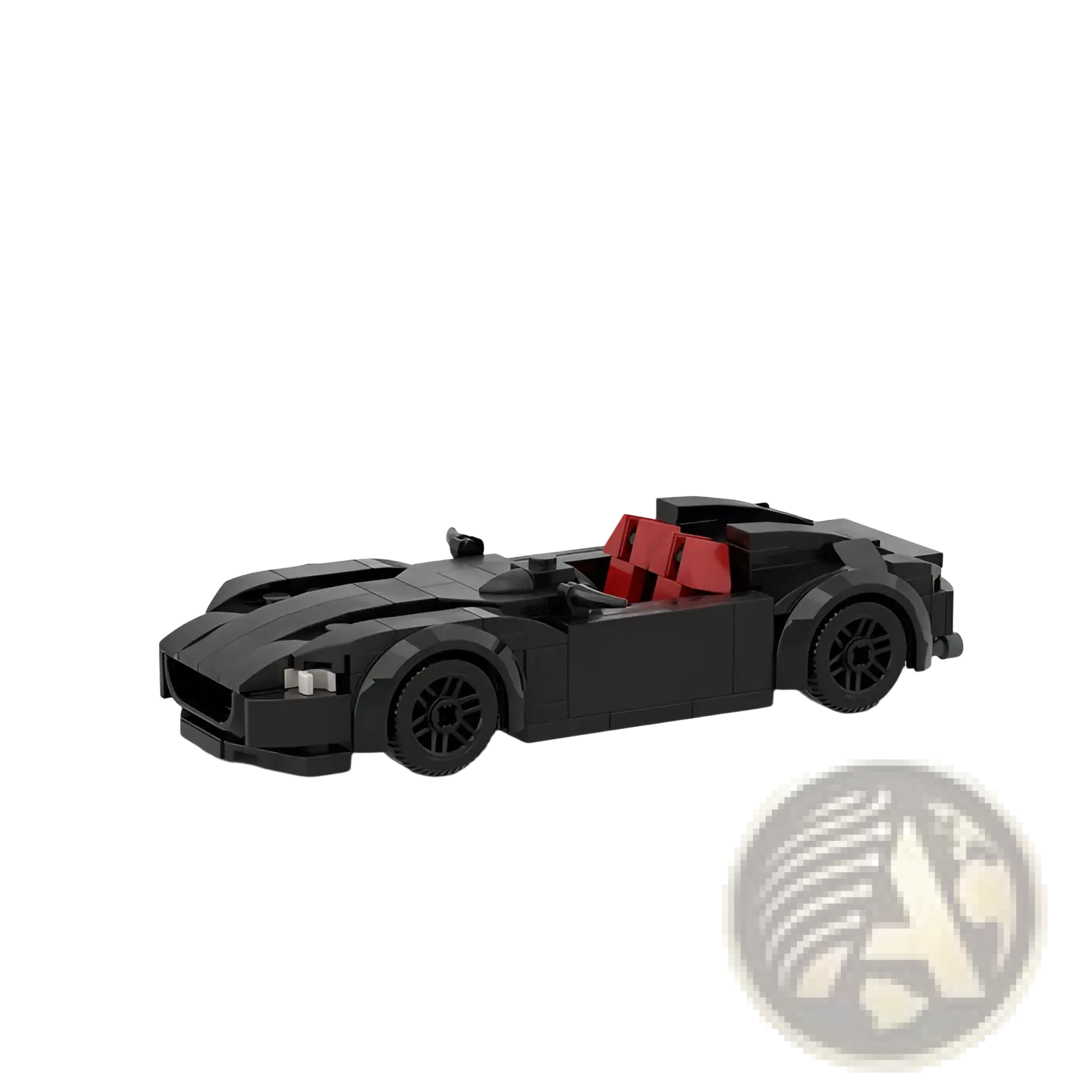 Black convertible sports car model made of plastic bricks with red interior seats racing car building blocks moc toy set