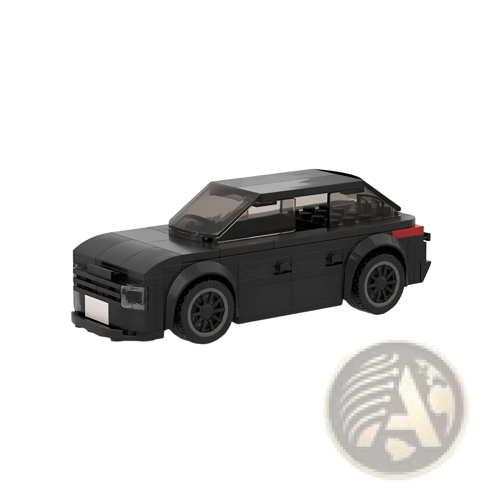 Black lego-style suv model with transparent windows and red taillights shown from the back in racing car building blocks moc set