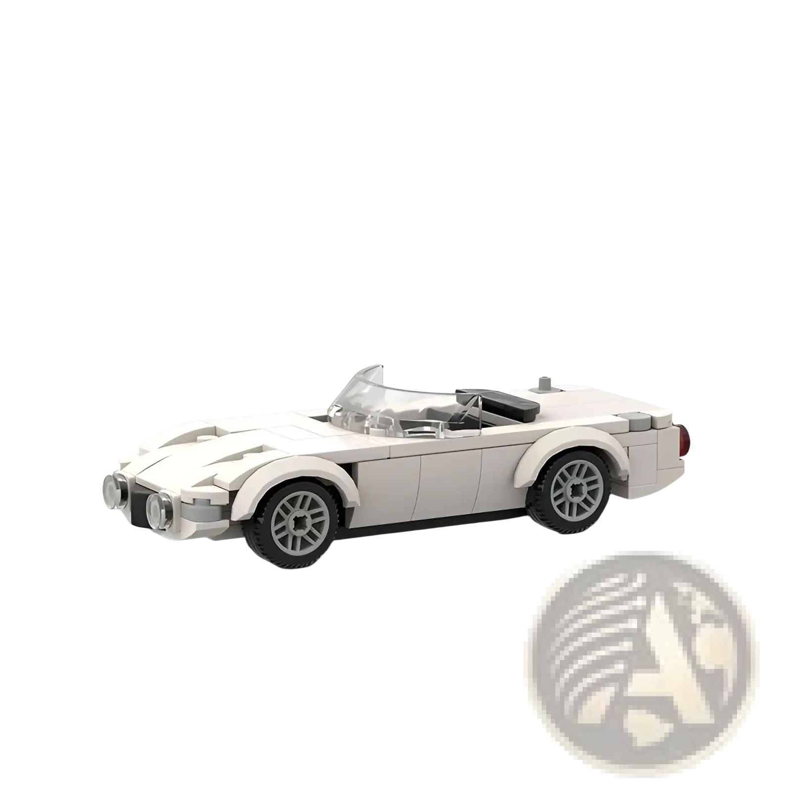 White convertible sports car made of plastic bricks with clear windshield and black interior in racing car building blocks set