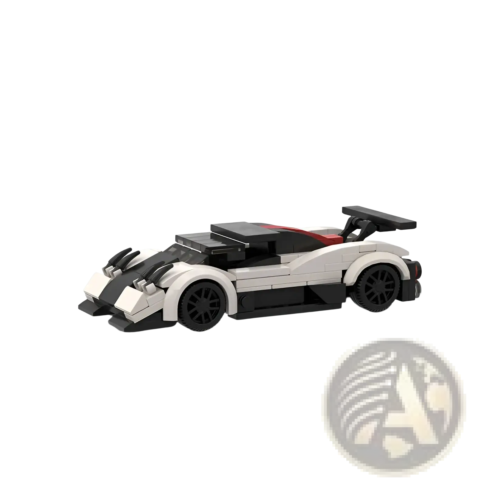 White and black lego racing car with red accents featuring a sleek aerodynamic design in an educational toy set