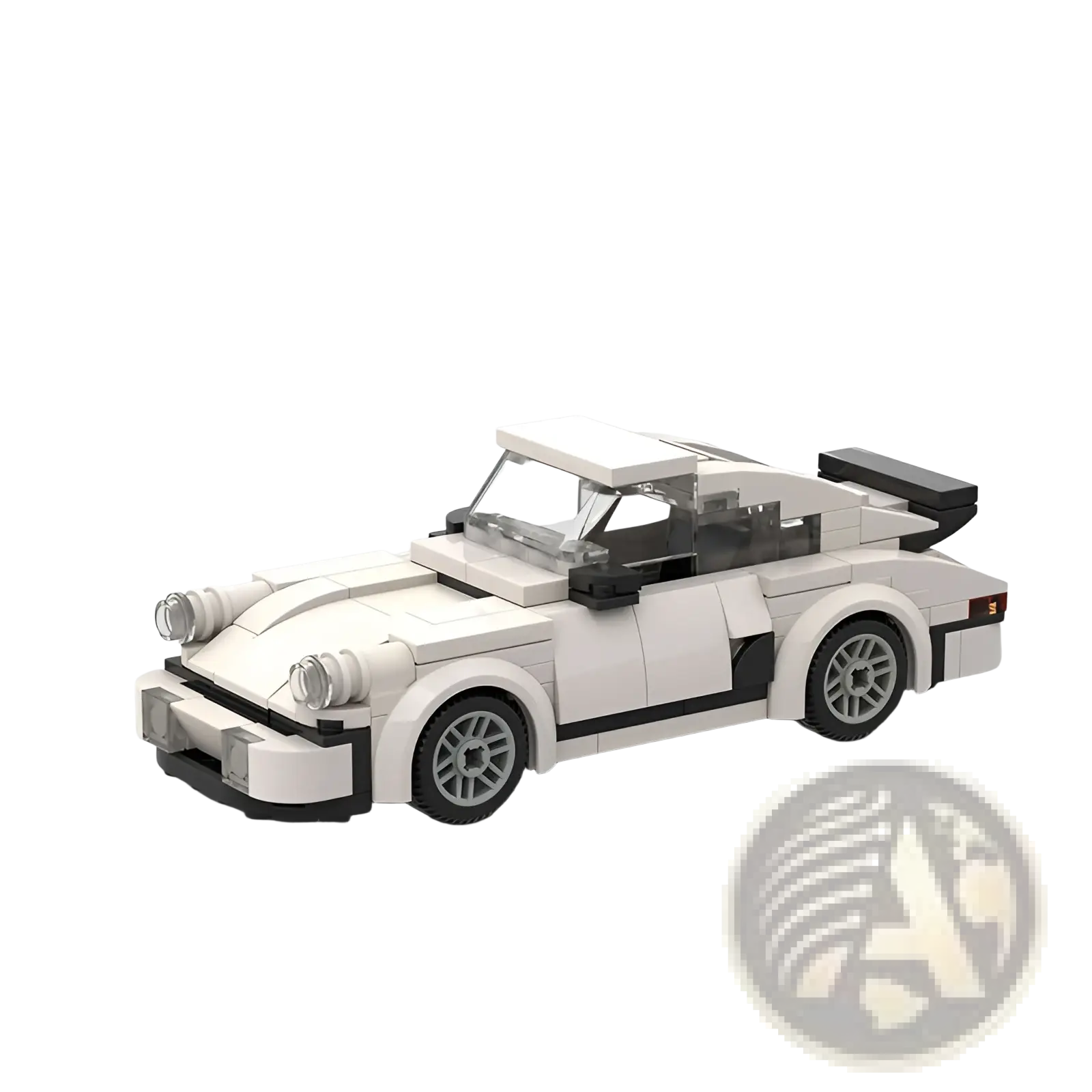 White lego Porsche 911 sports car model with black accents and silver wheels in a racing car building blocks educational toy set
