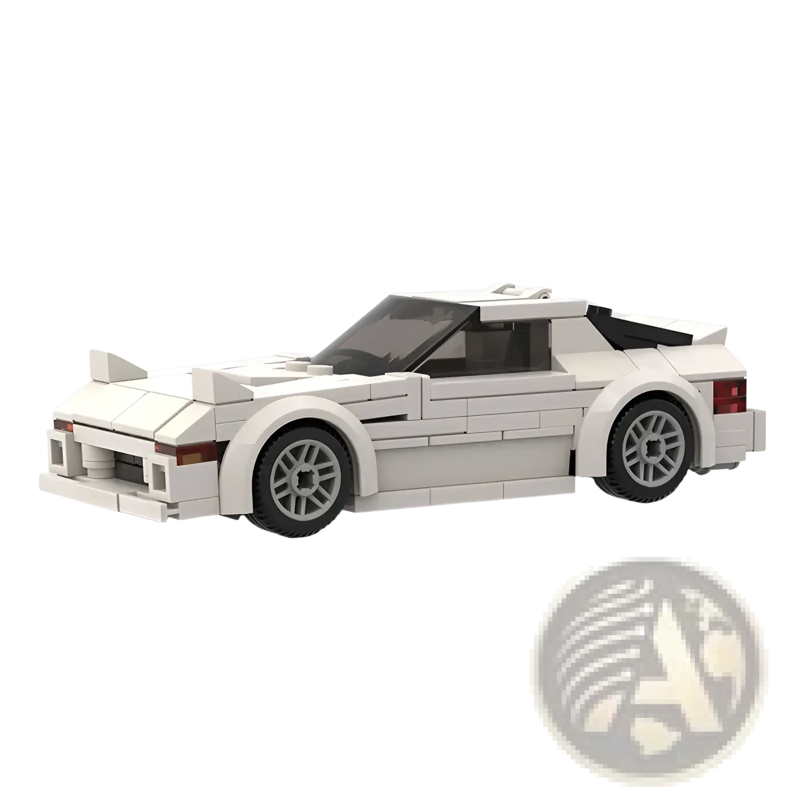 White plastic lego style sports car model with black tinted windows and silver rims in racing car building blocks moc set