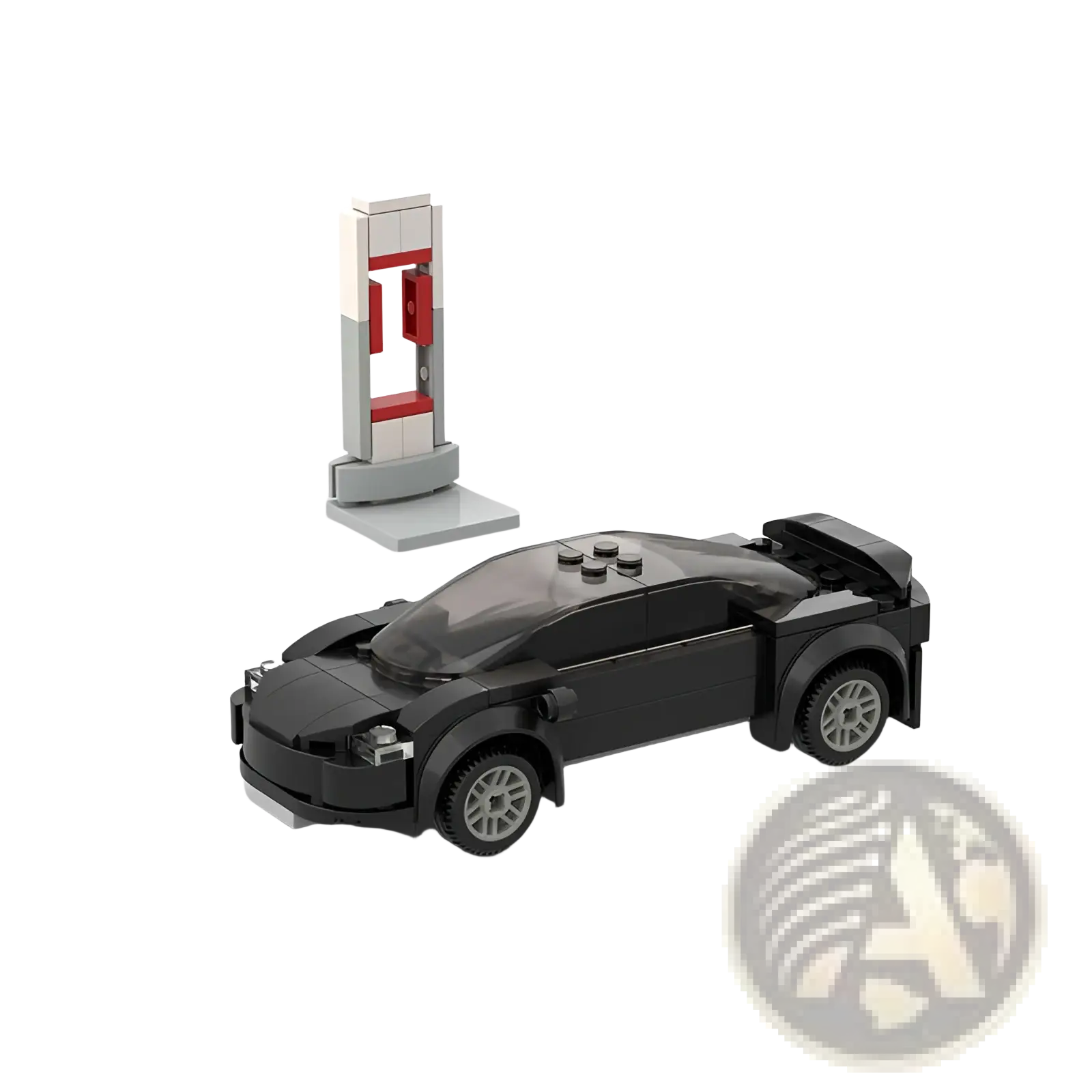 Black lego-style sports car with transparent roof and silver wheels near red and white gas pump in racing car blocks set