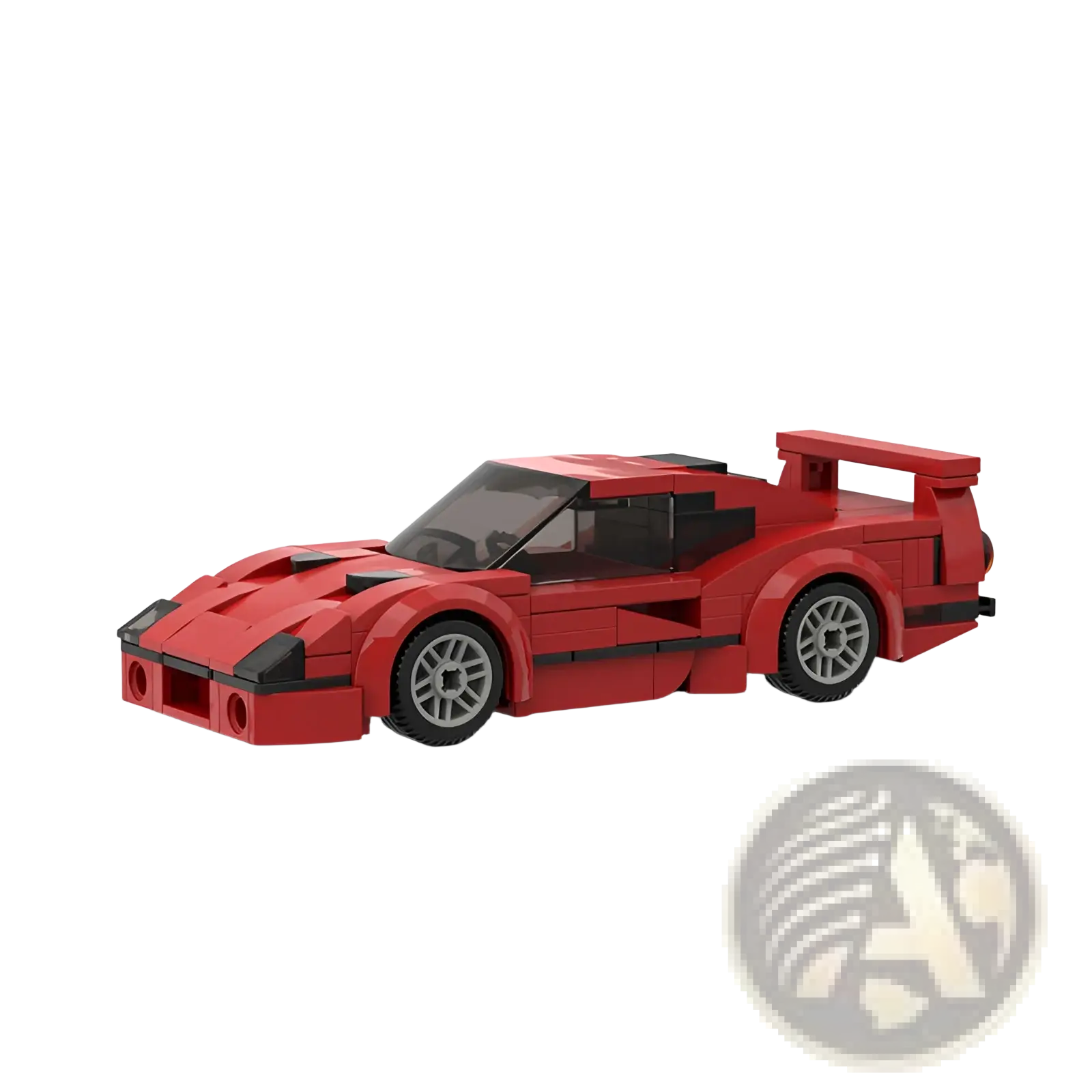 Red lego Ferrari F40 model race car with black accents and silver wheels from racing car building blocks moc set