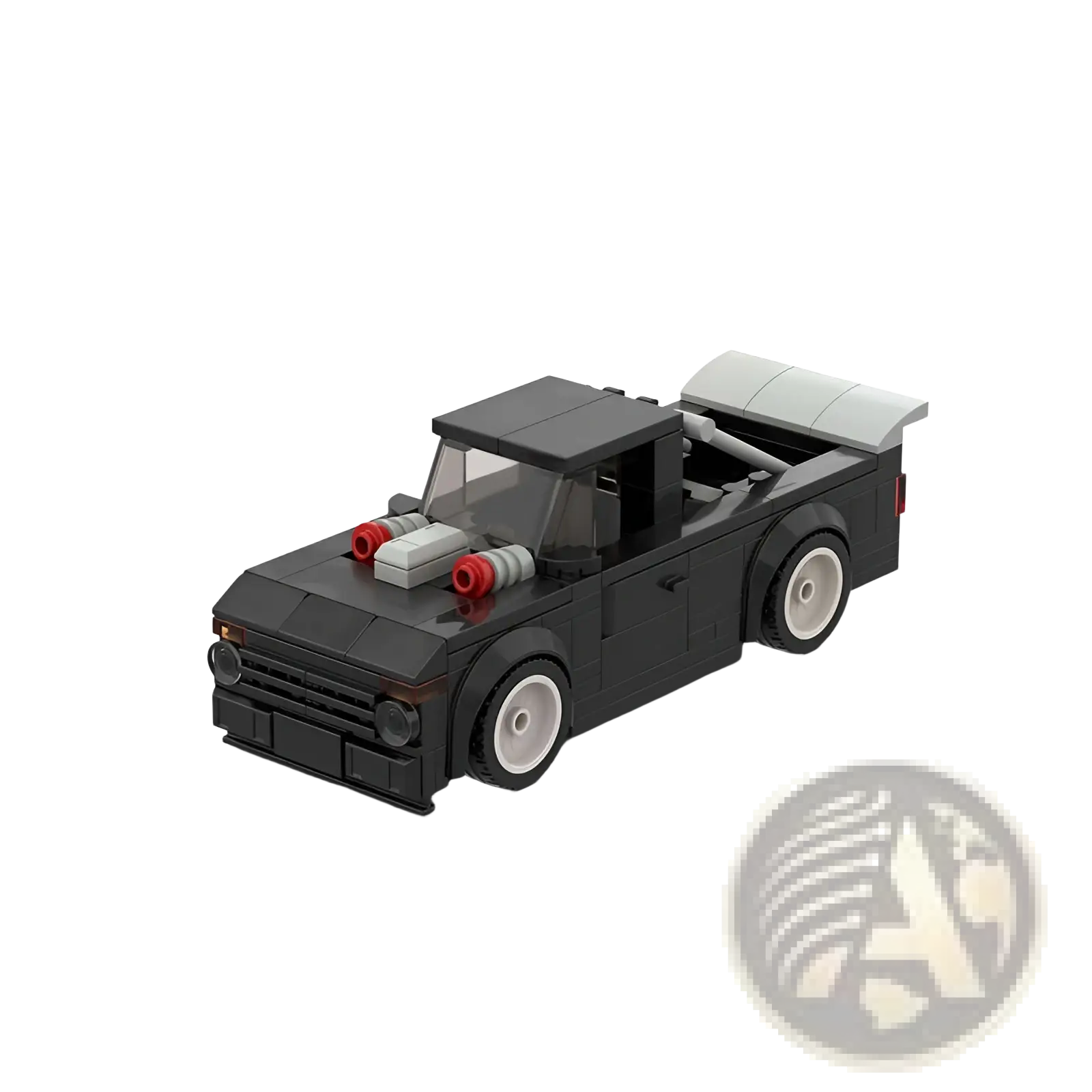 Black lego pickup truck with gray hood scoop and red engine accents from racing car building blocks moc educational toy set