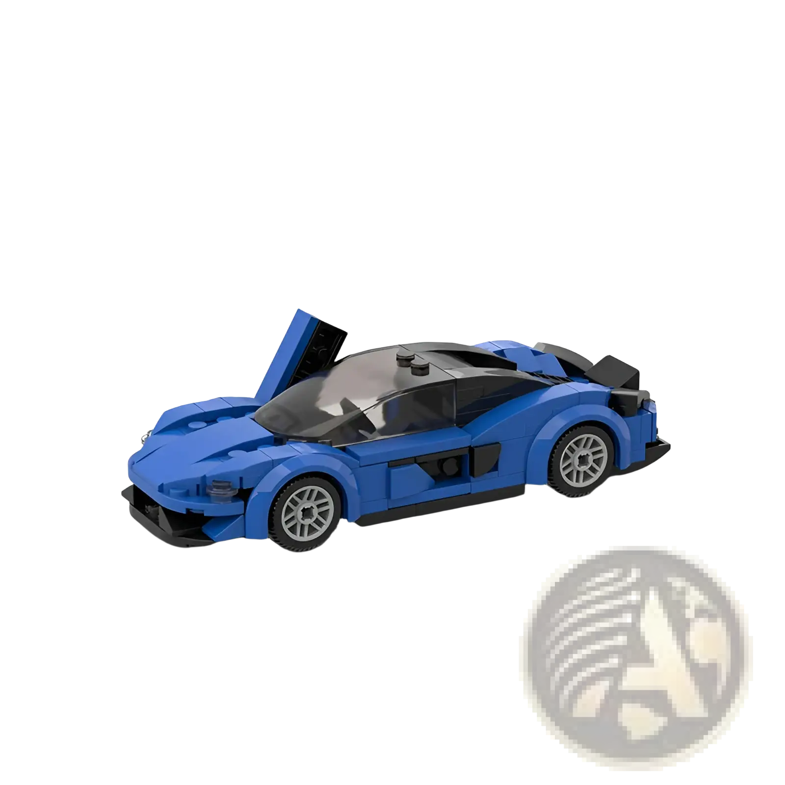 Blue lego technic mclaren senna sports car model with black accents and transparent cockpit from racing car building blocks set