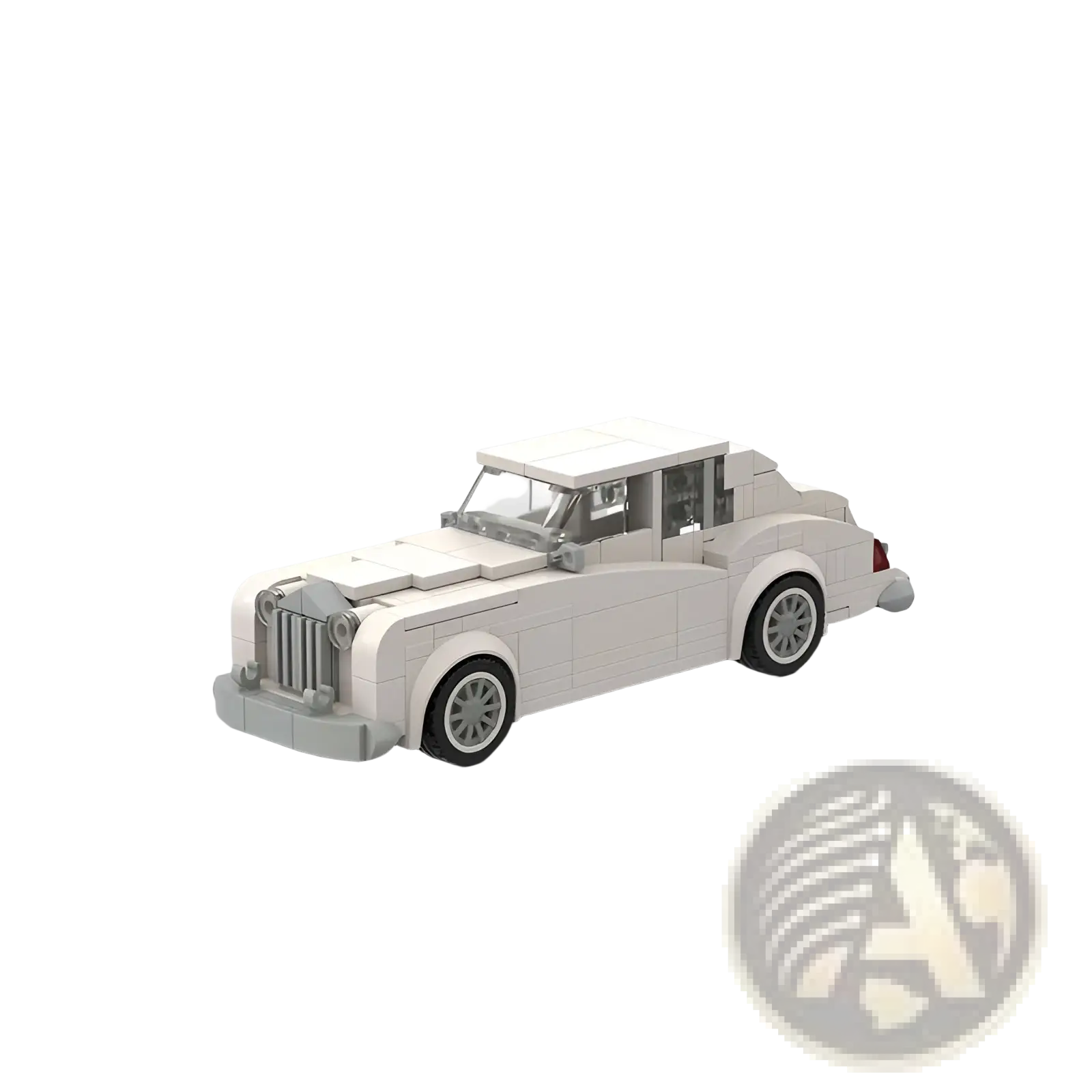 White lego style racing car building blocks moc toy set featuring a classic luxury sedan with chrome grille details