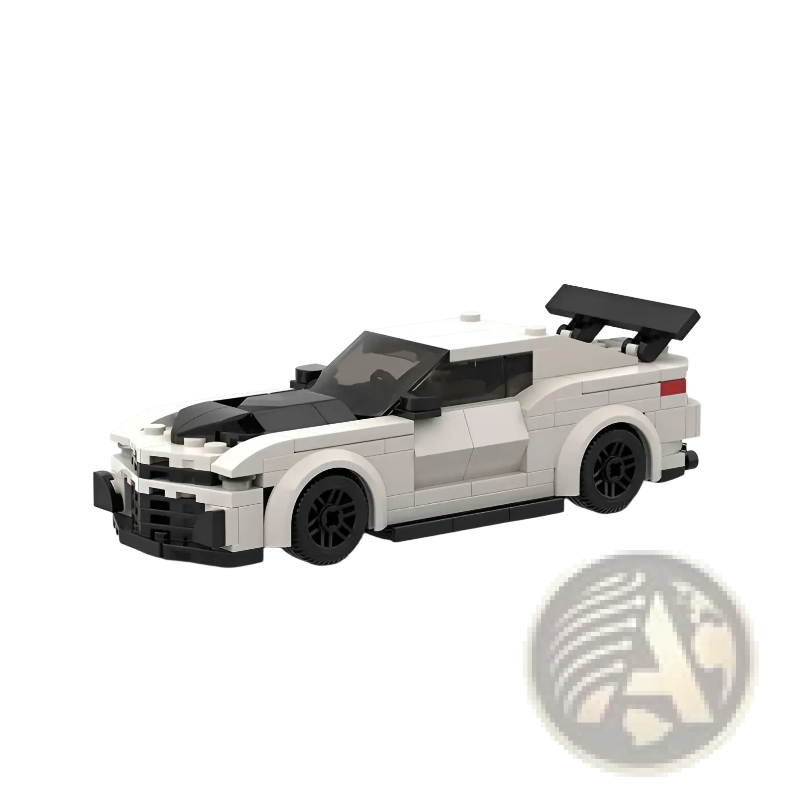 White and black lego-built sports car with prominent rear spoiler from racing car building blocks moc educational toy set back view