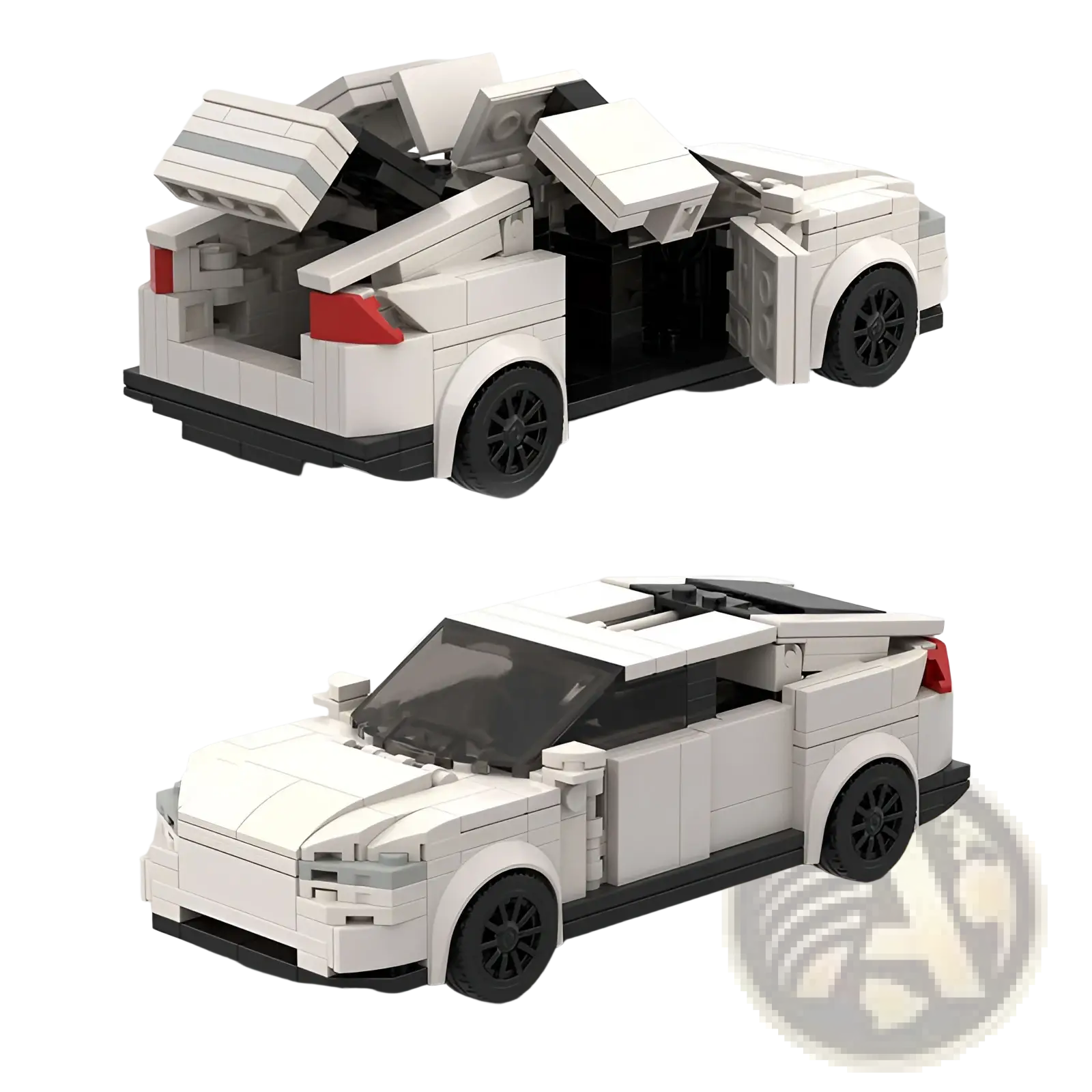 White lego-style model of a Tesla Model Y with black wheels and red taillights open doors and trunk from back side
