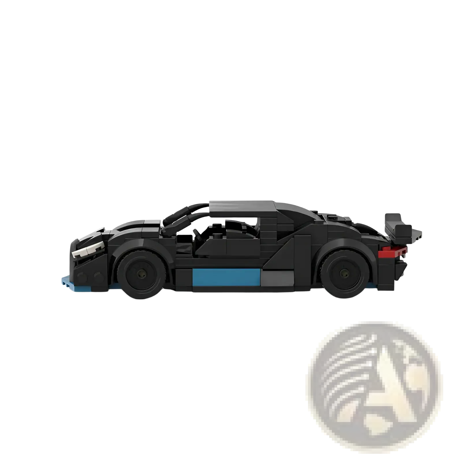 Black and blue lego model of bugatti chiron racing car building blocks moc educational toy set front view